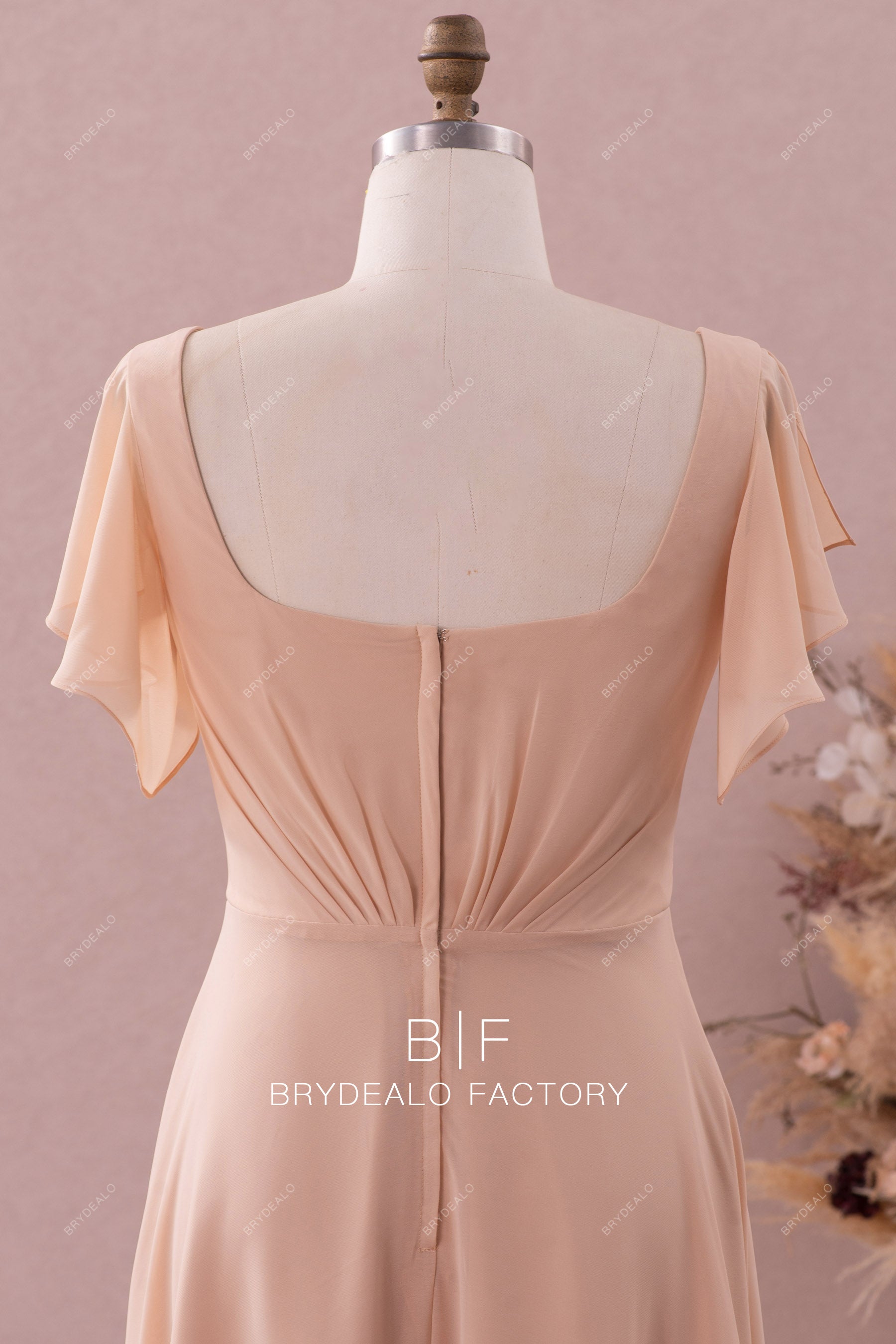 flutter sleeve pleated chiffon bridesmaid dress