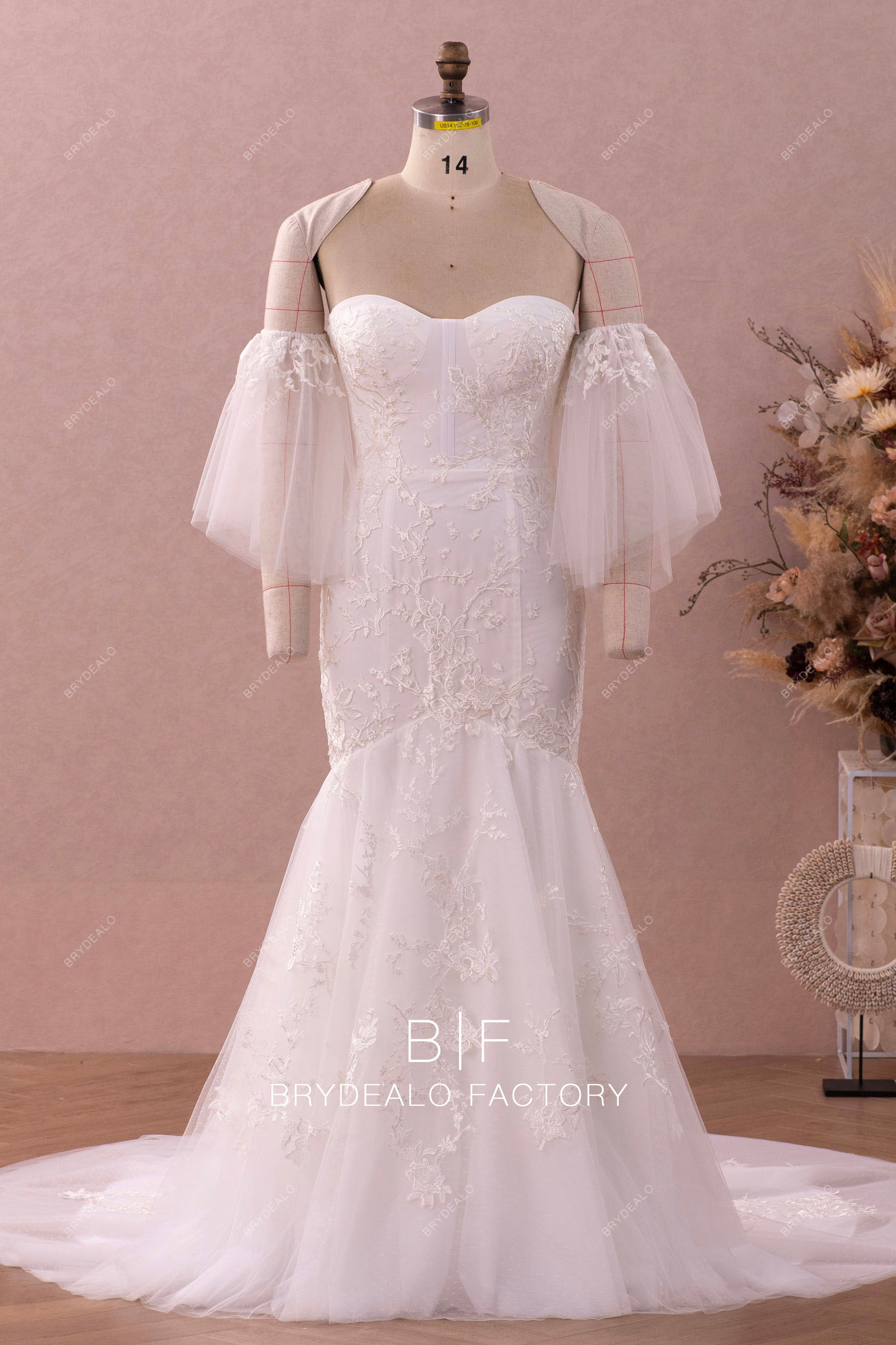 flutter tulle sleeve mermaid lace wedding dress