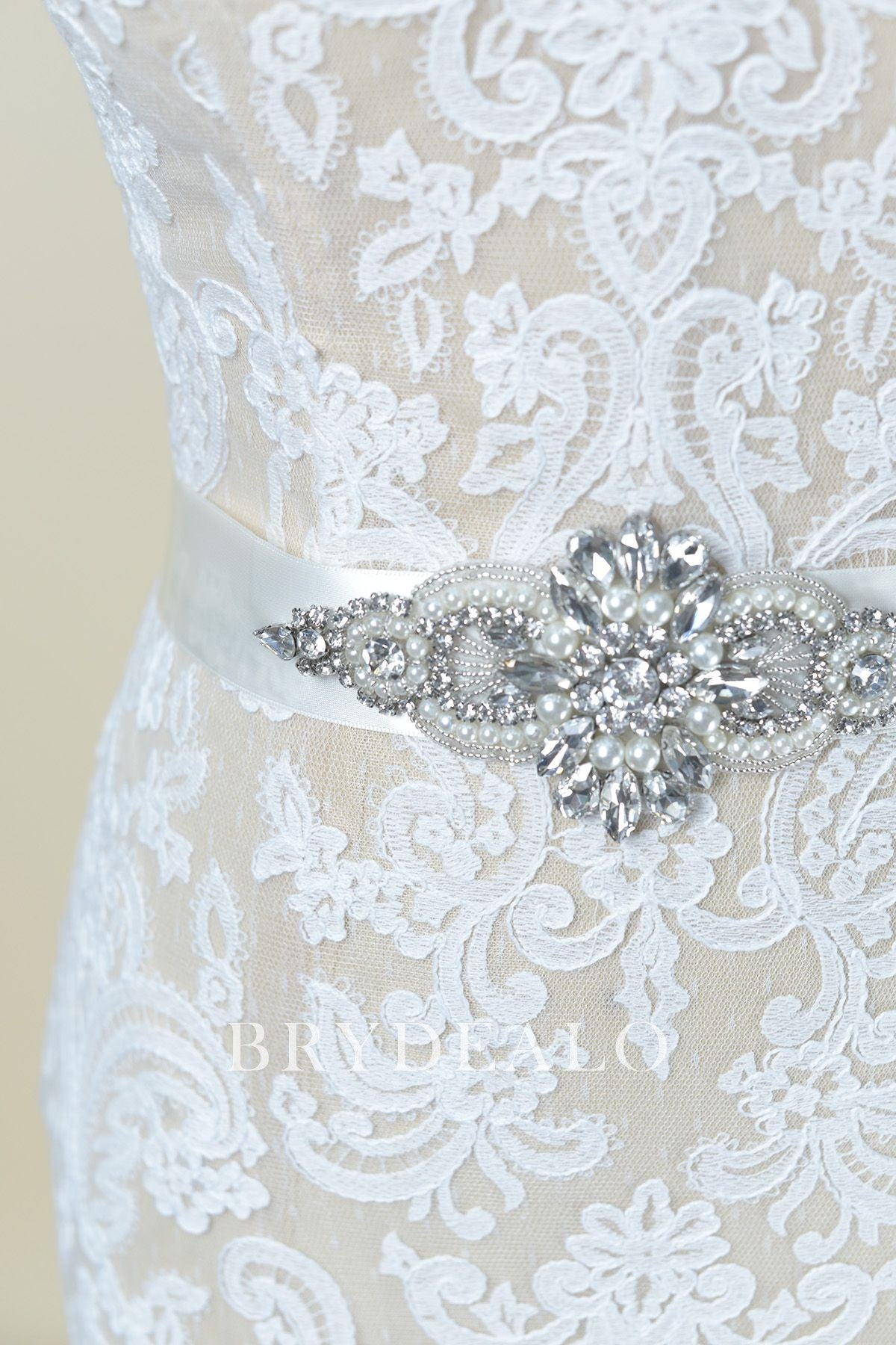 Glamorous Rhinestones Pearls Satin Bridal Sash for wholesale