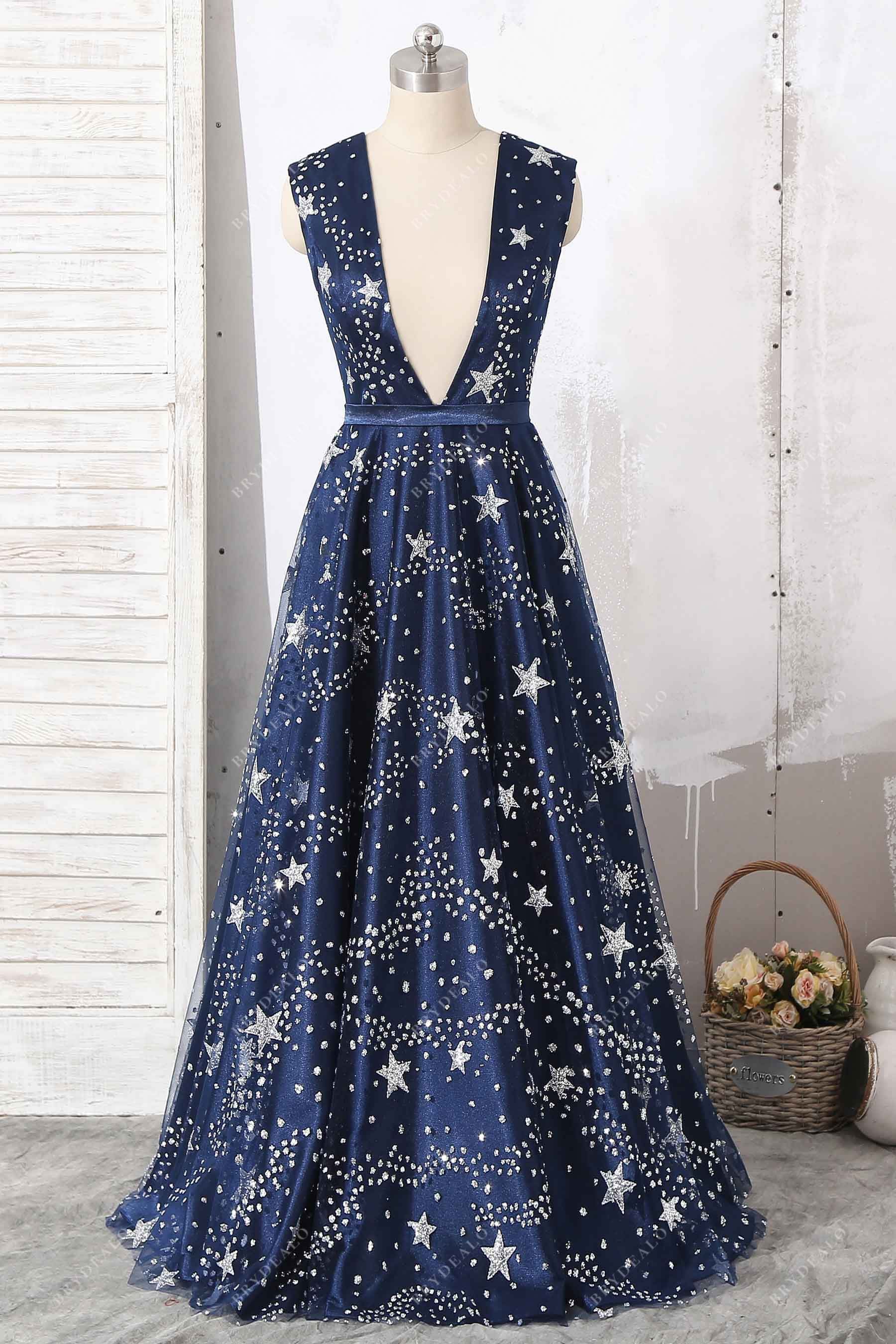 glitter stars navy tulle plunging formal dress