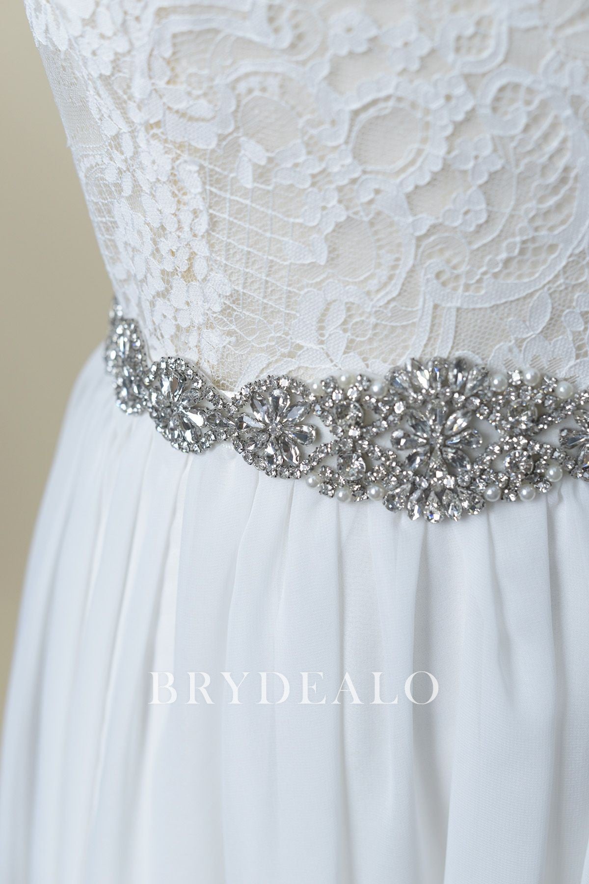 Glittery Rhinestones Pearls Satin Bridal Sash for Wholesale