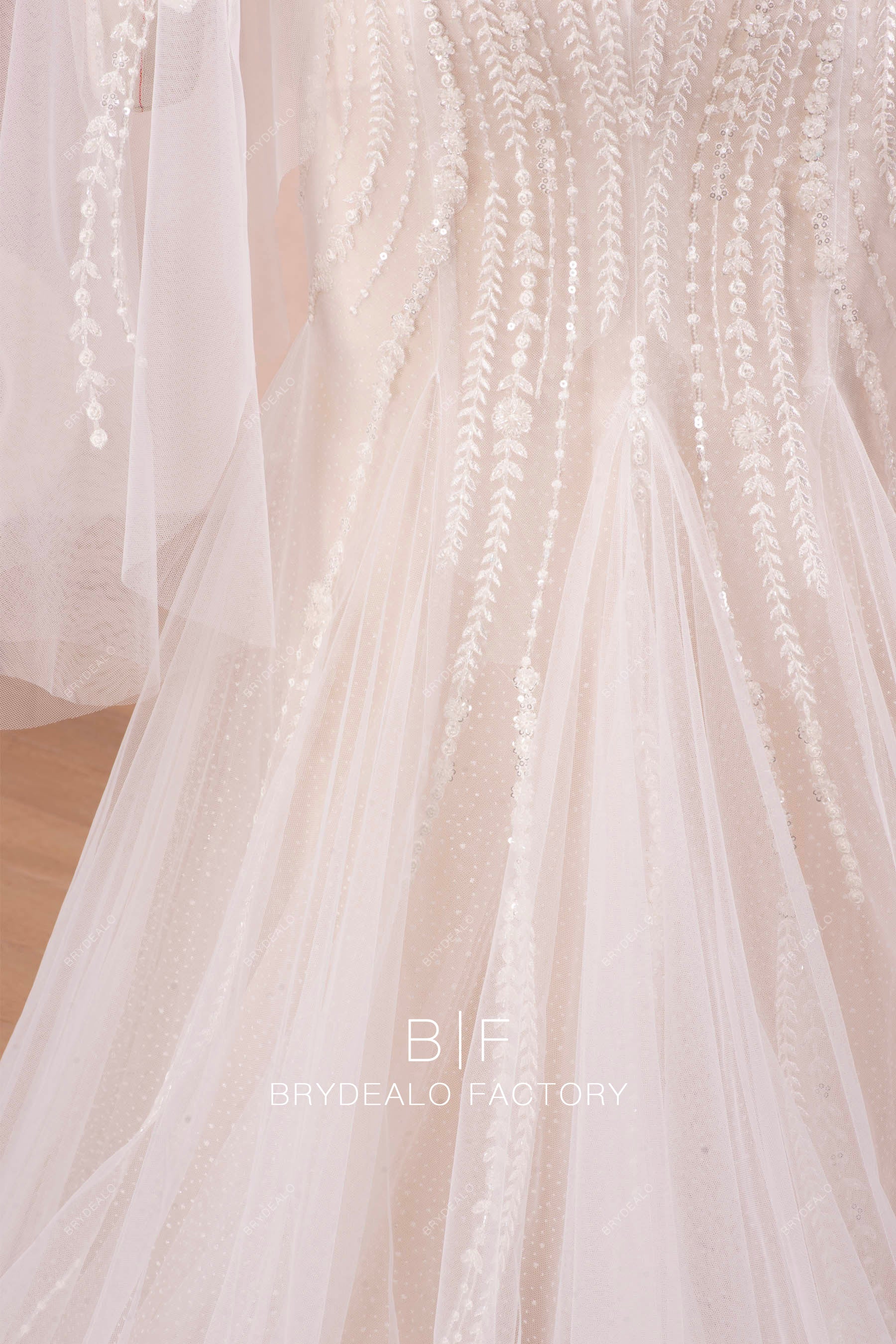 godet shimmery tulle wedding dress