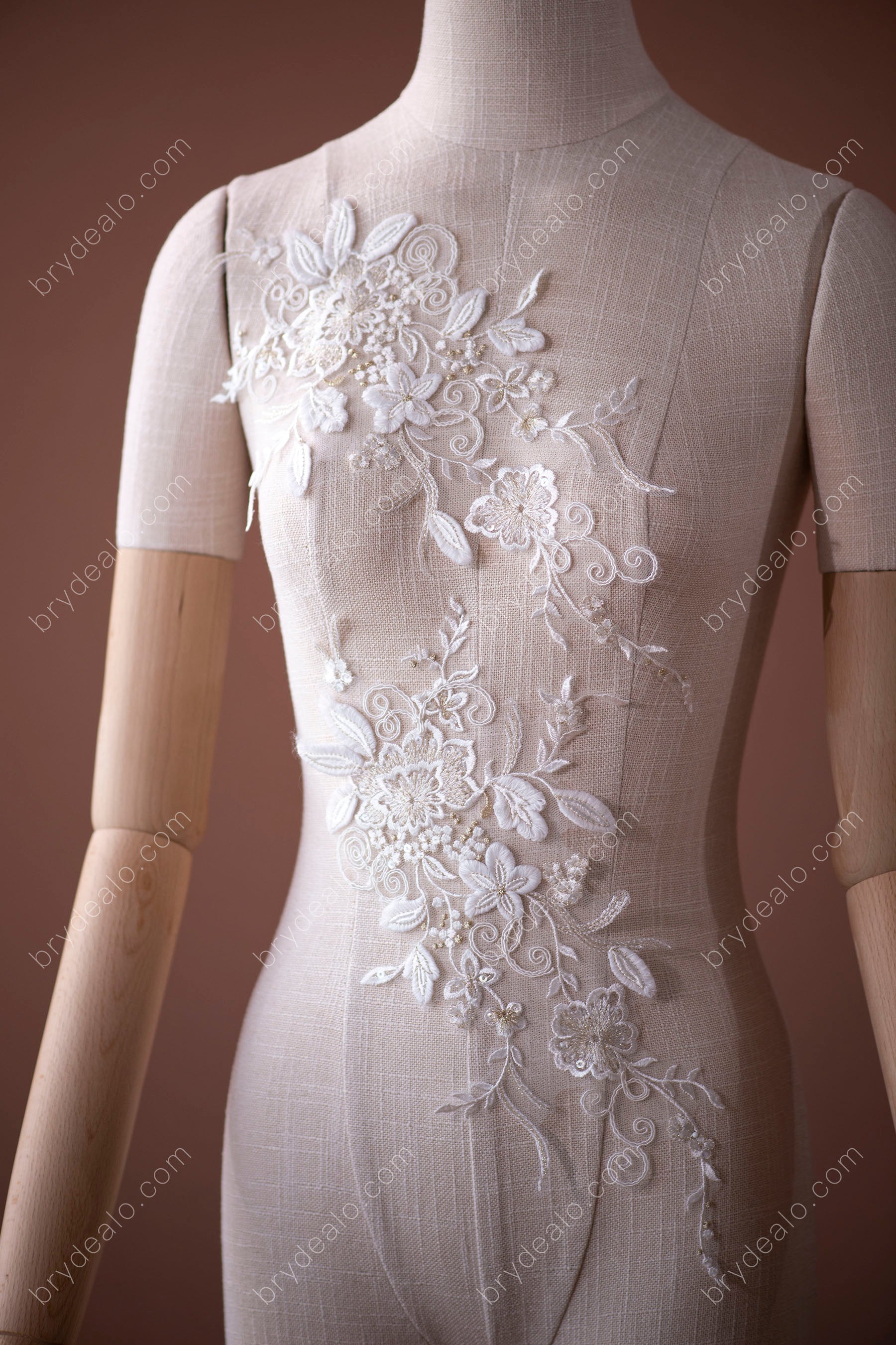Gold Accented Light Ivory Flowers Lace Applique