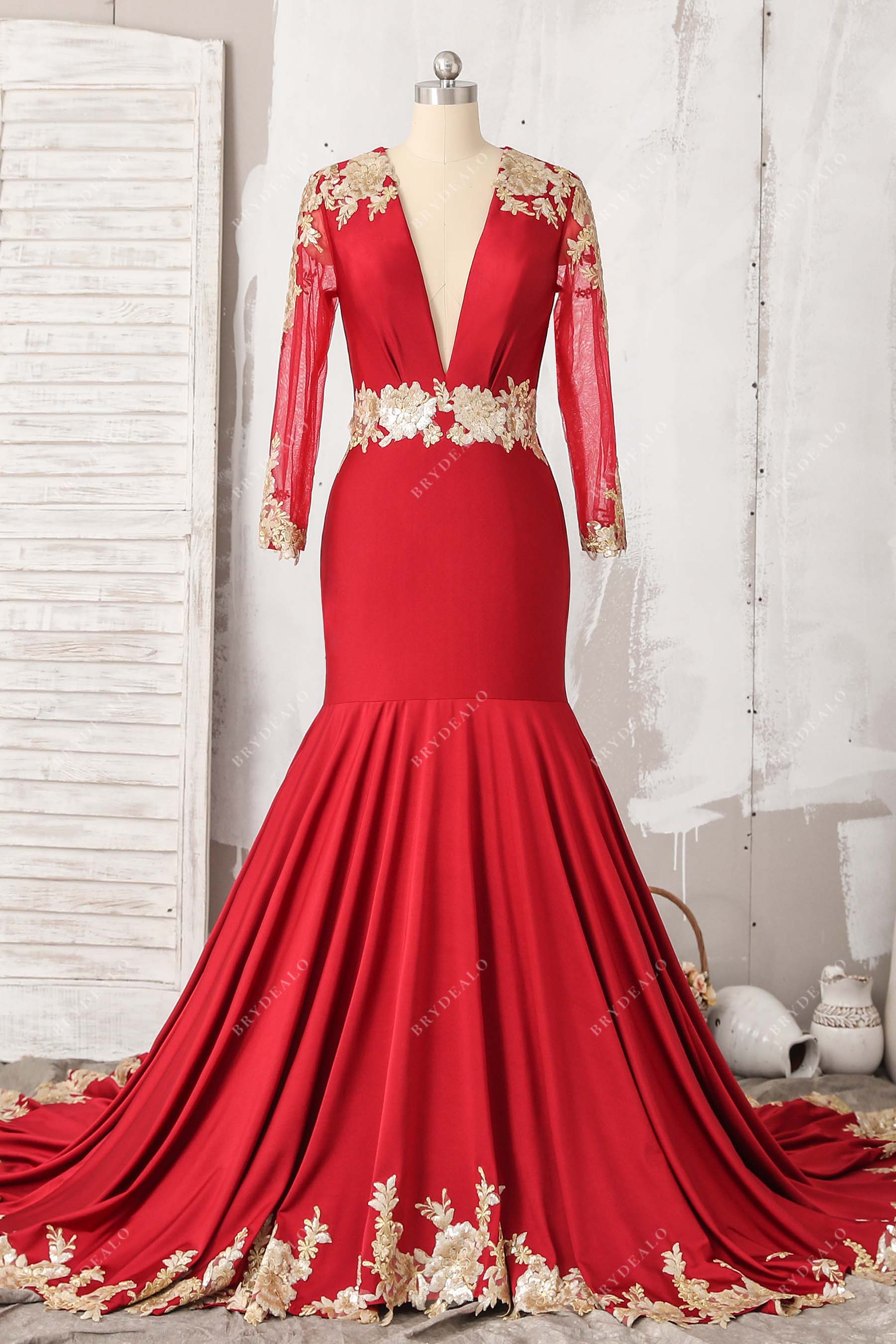 gold applique red jersey mermaid prom dress