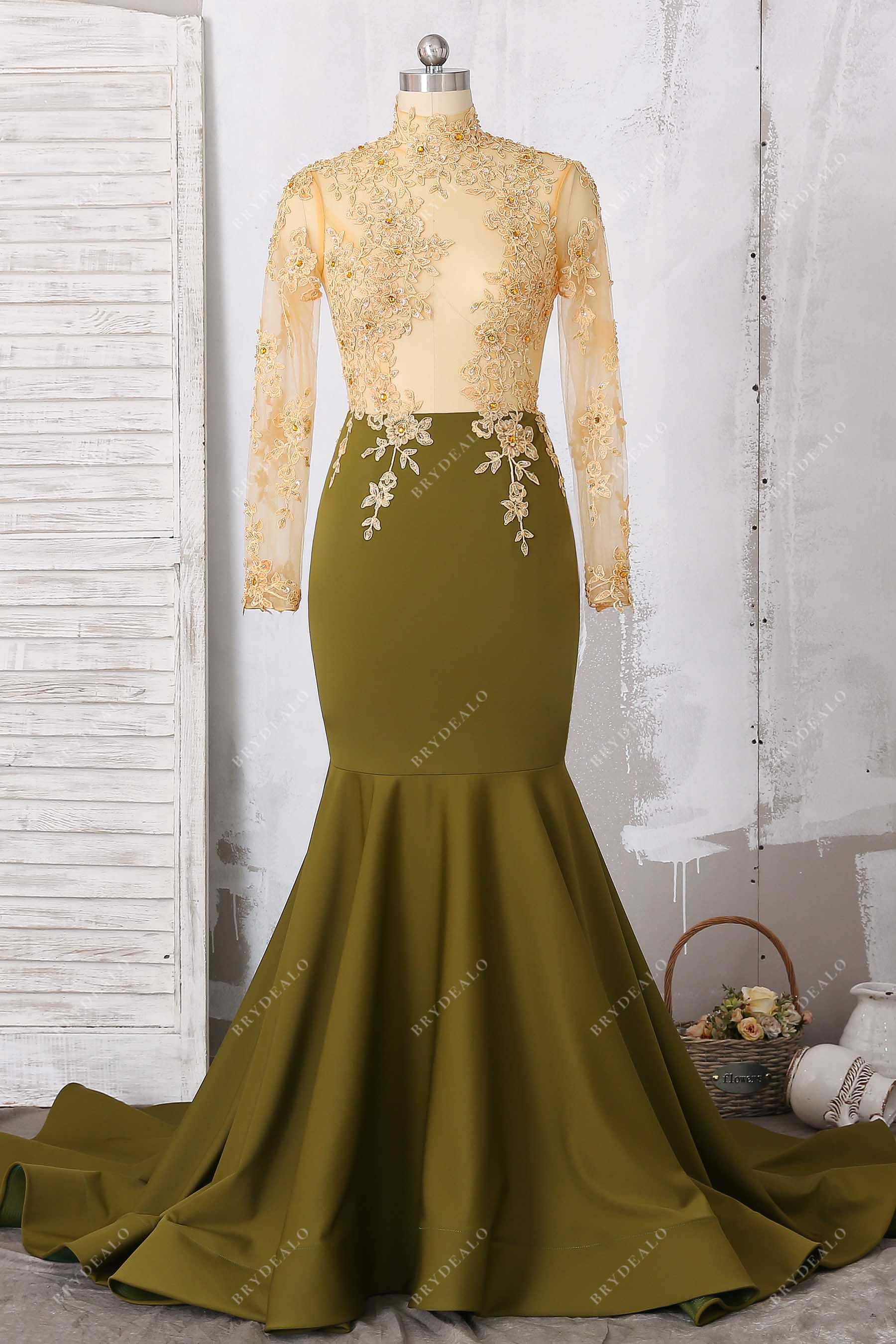 gold beaded lace olive green jersey prom dress
