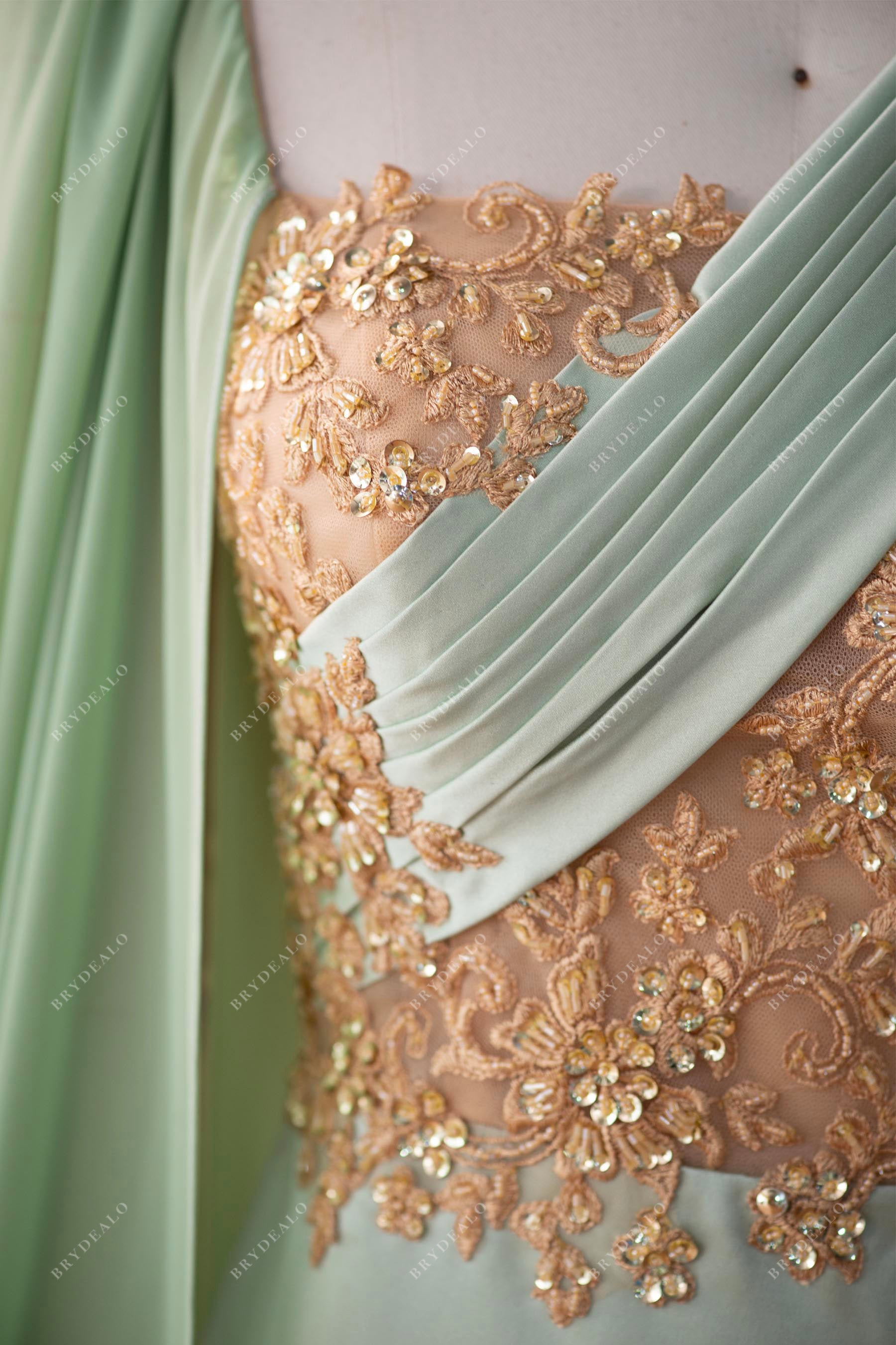 One Shoulder Gold Lace Sage Satin Bowknot Cape Formal Dress