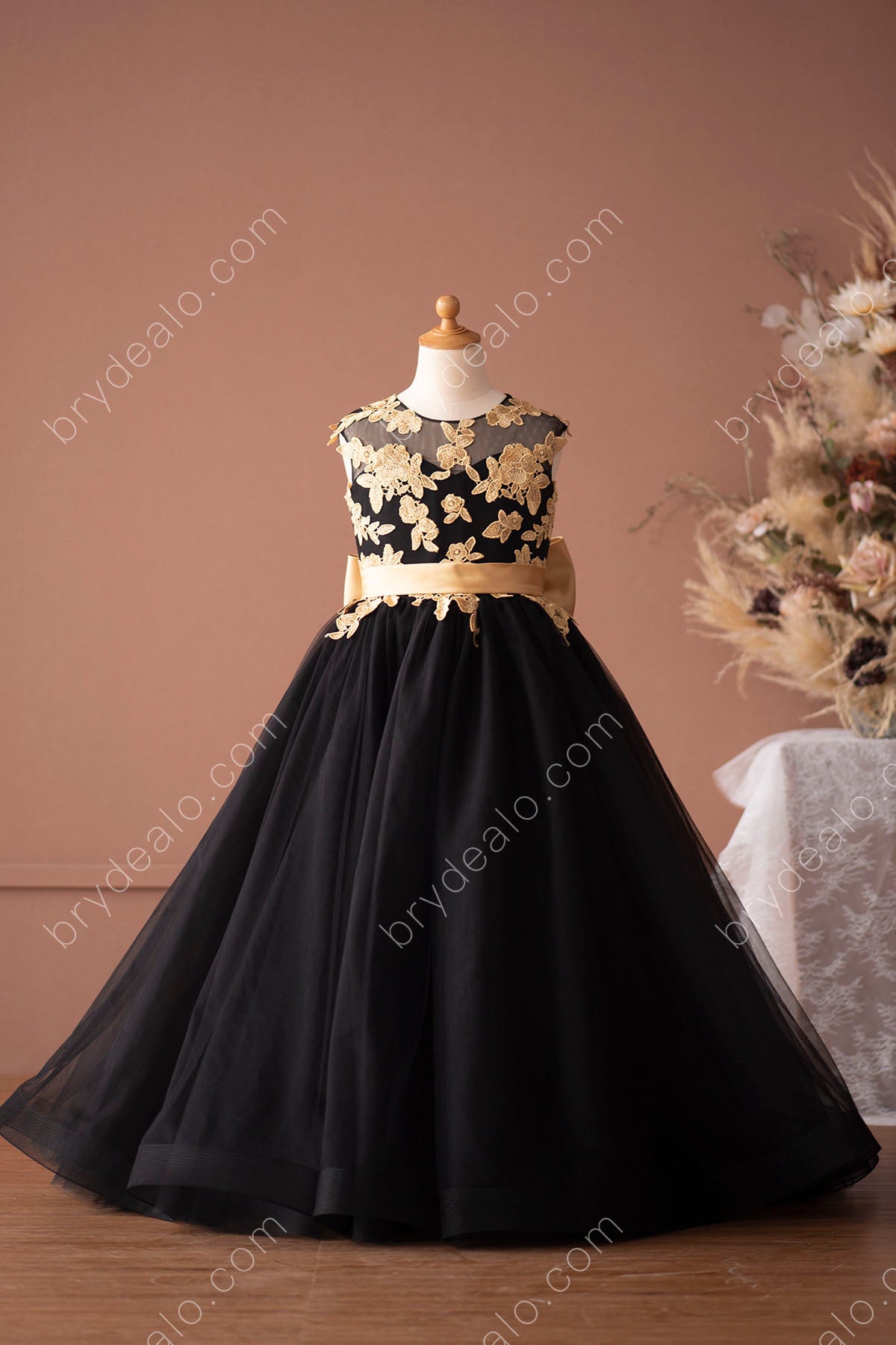 Black Flower Girl Dress with Gold Bowknot