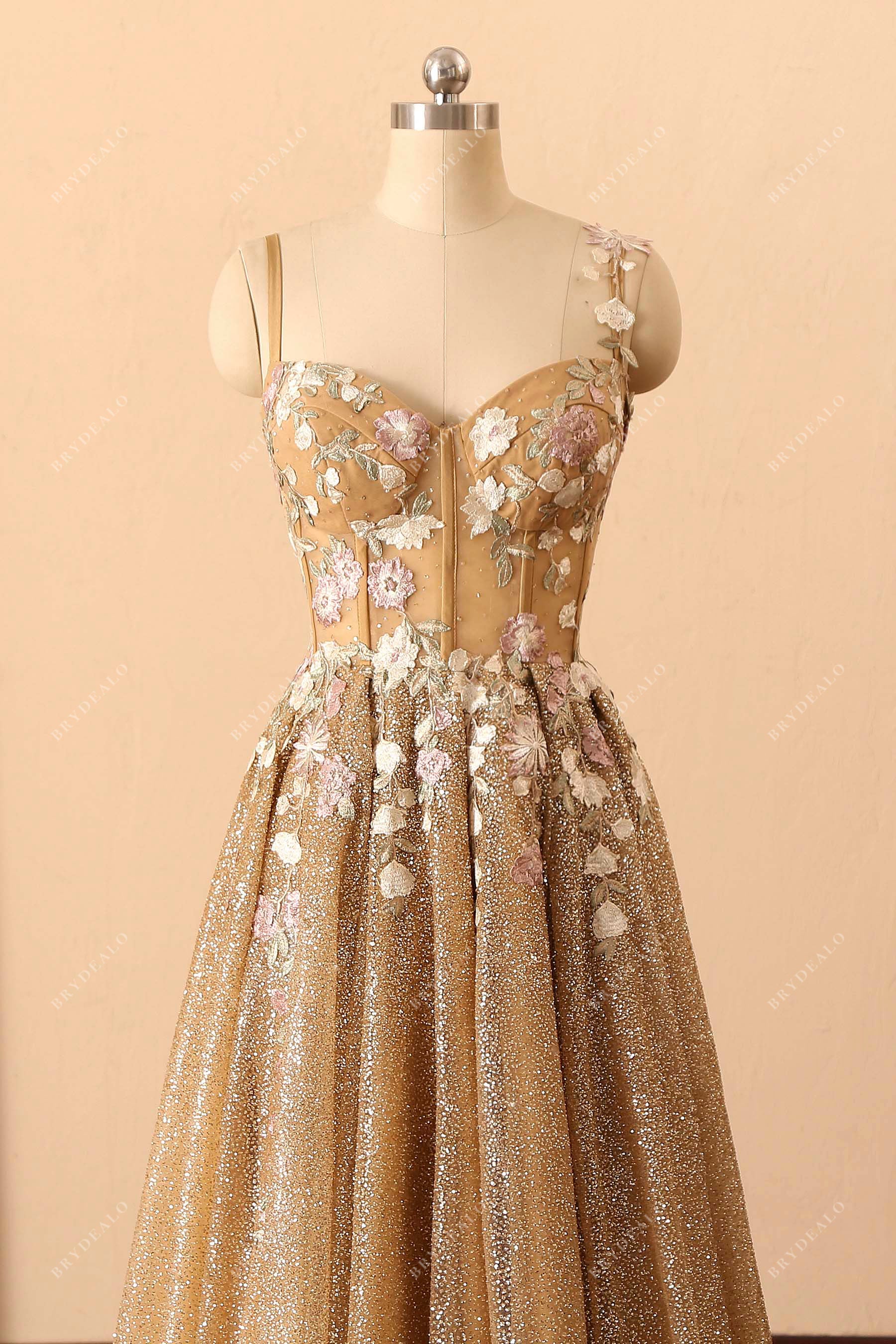 Wholesale Flowers Gold Glitter Sheer Corset Straps Formal Dress
