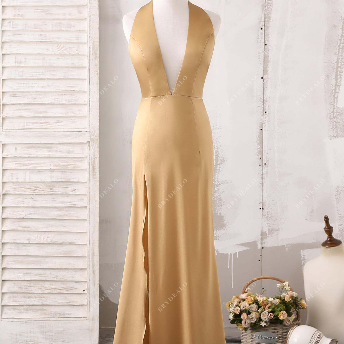 Gold Halter Plunging Open Back Evening Dress Gold Halter Plunging Open Back Evening Dress