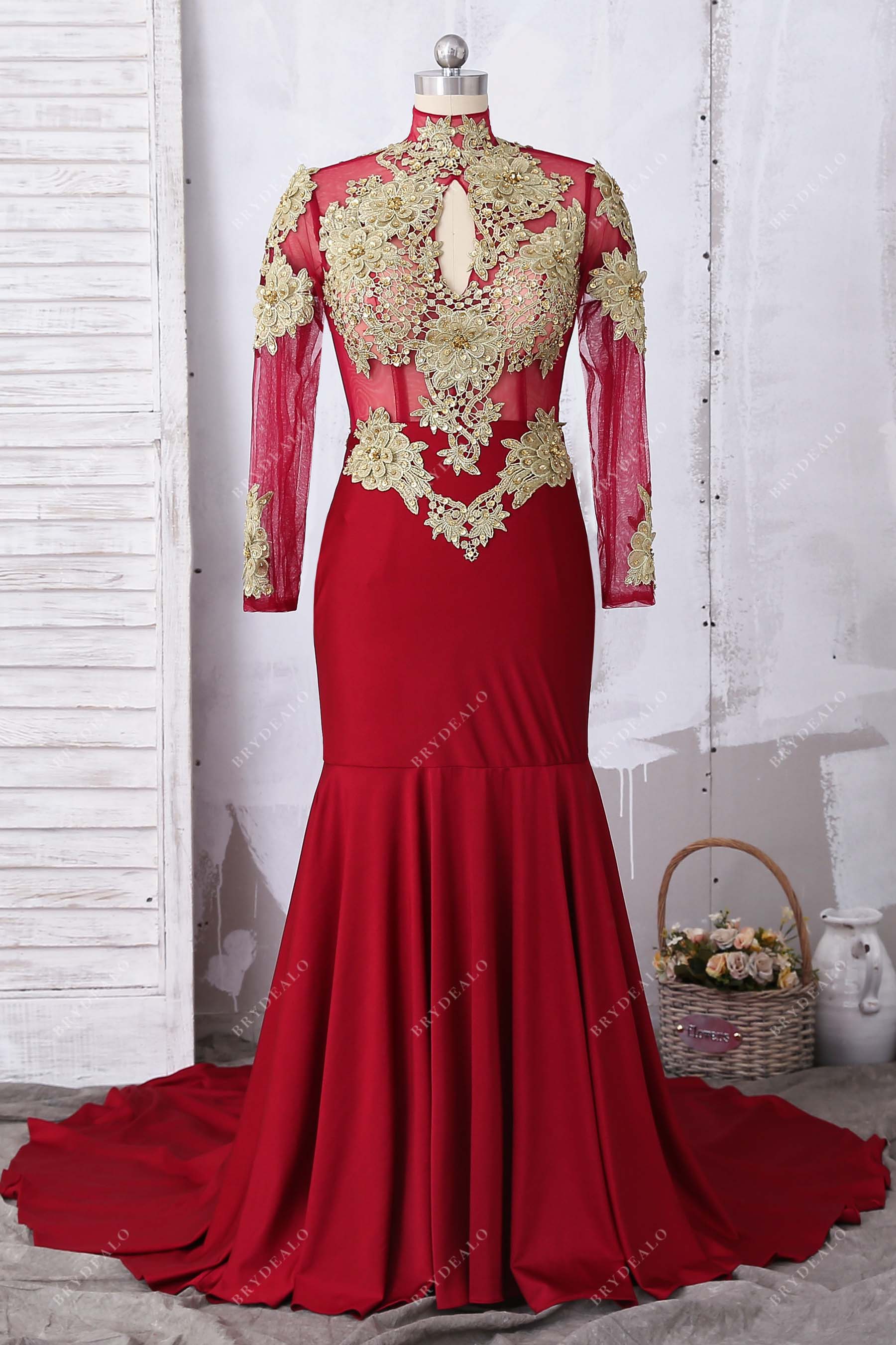 gold lace red jersey mermaid keyhole dress