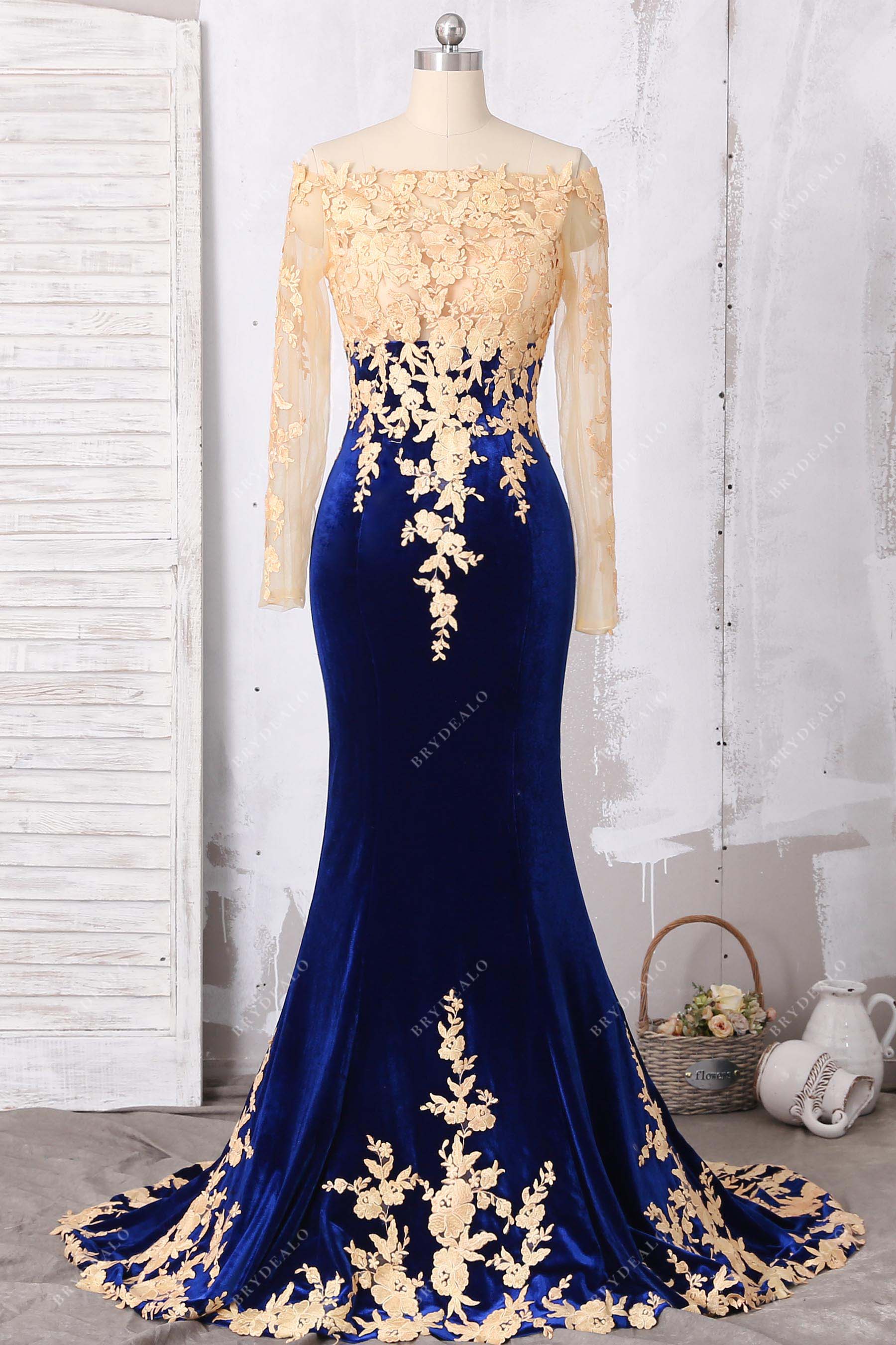 gold lace royal blue velvet mermaid dress