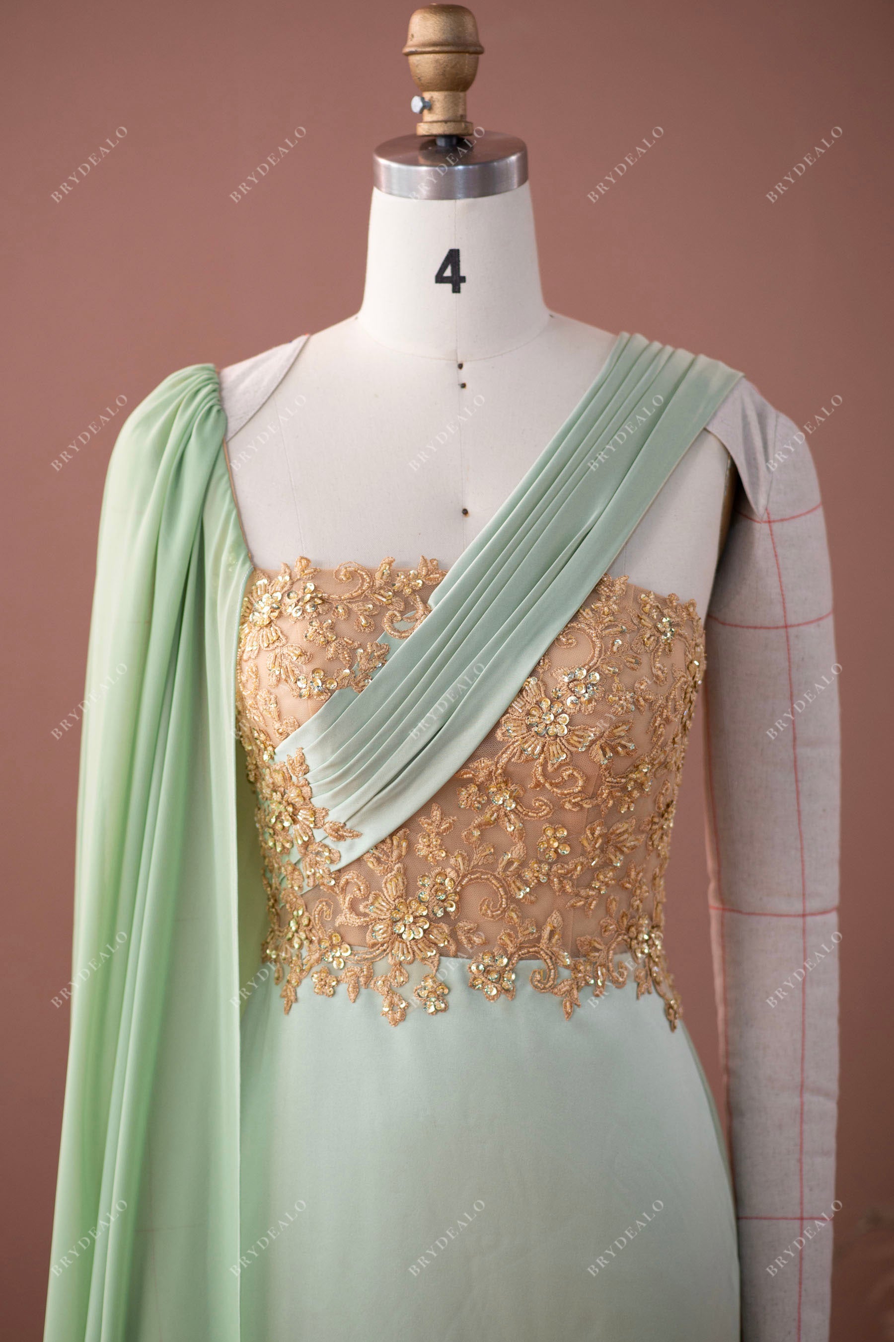 wholesale gold lace appliqued sage satin one shoulder formal dress