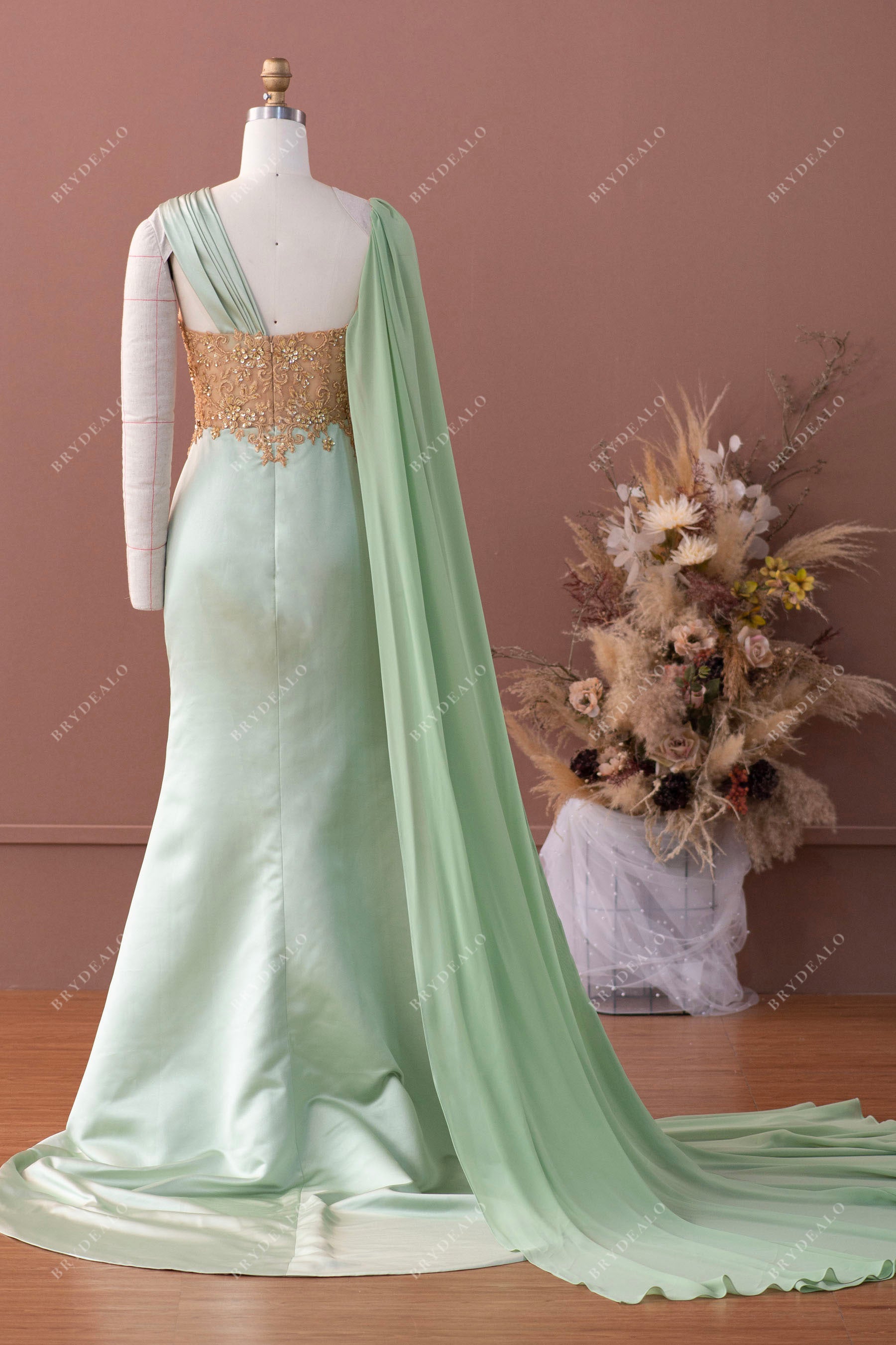 designer gold lace satin mermaid dress with chiffon long cape