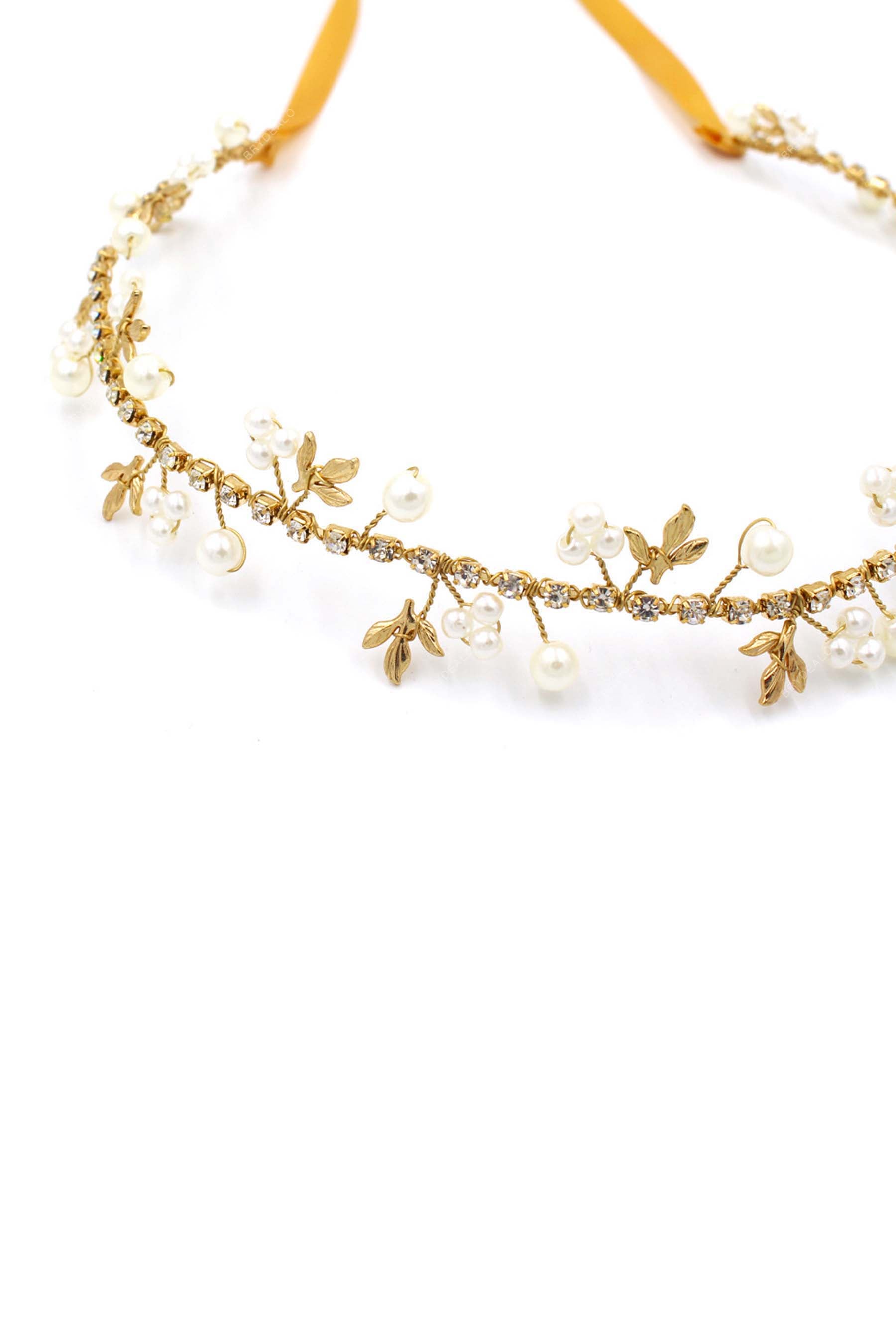 gold sash ivory pearls headband for wedding