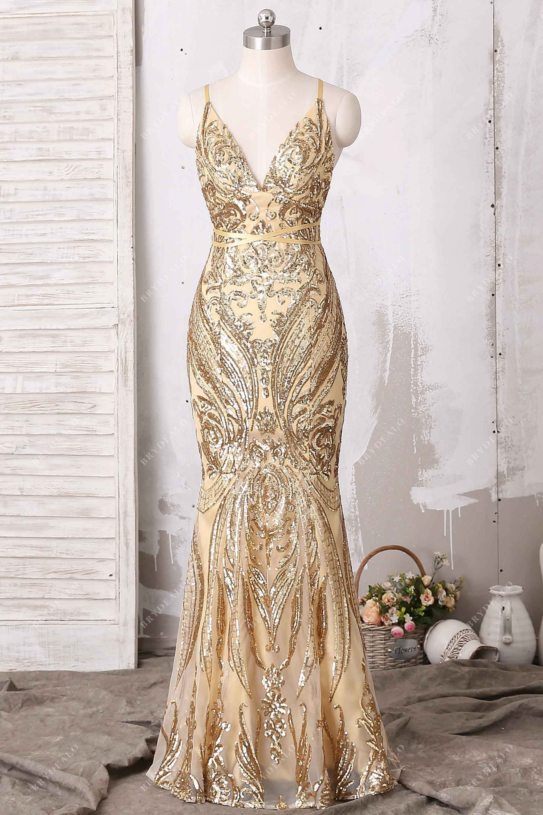 gold sequin V-neck mermaid prom dress