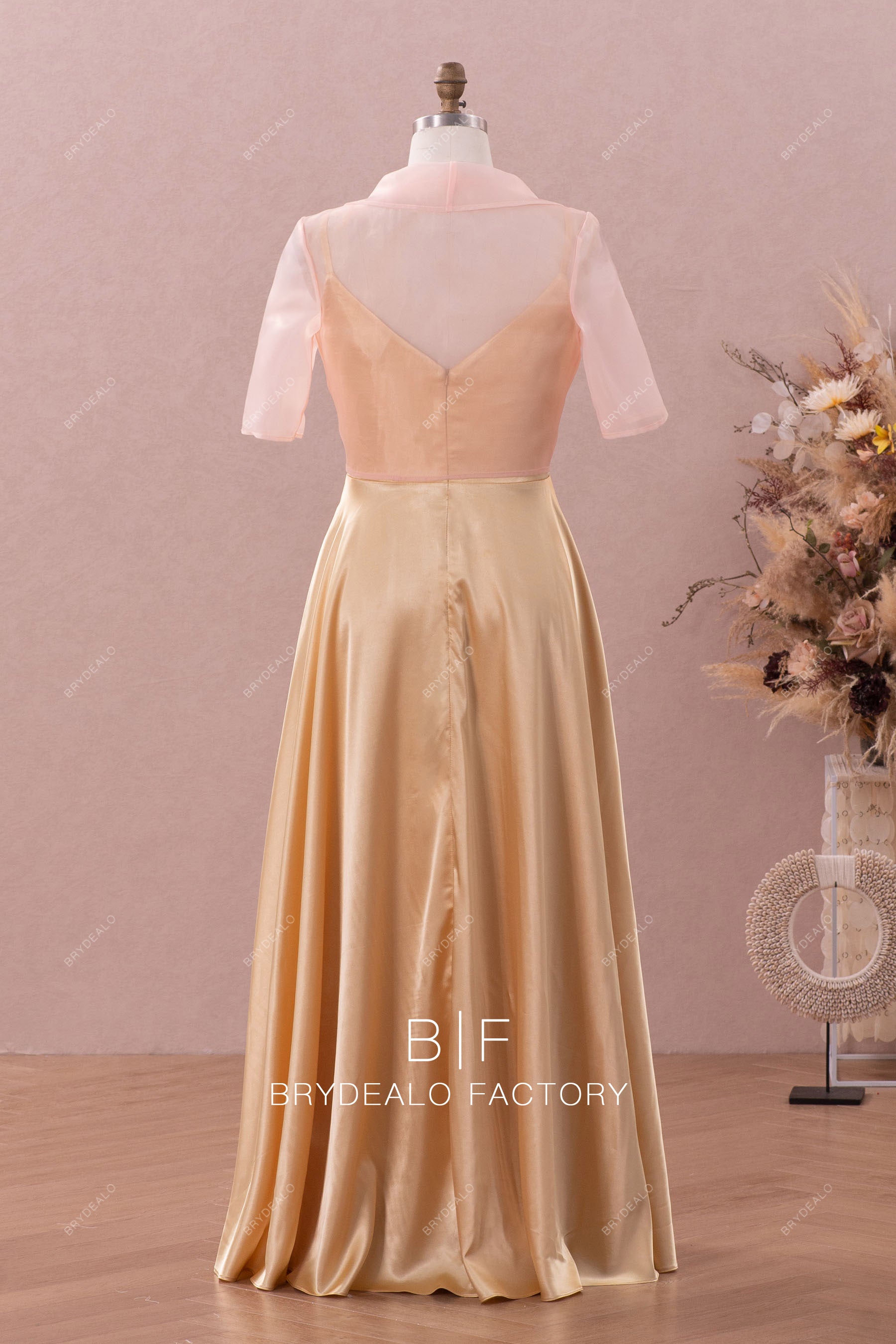 gold silky satin mother of bride dress with shawl