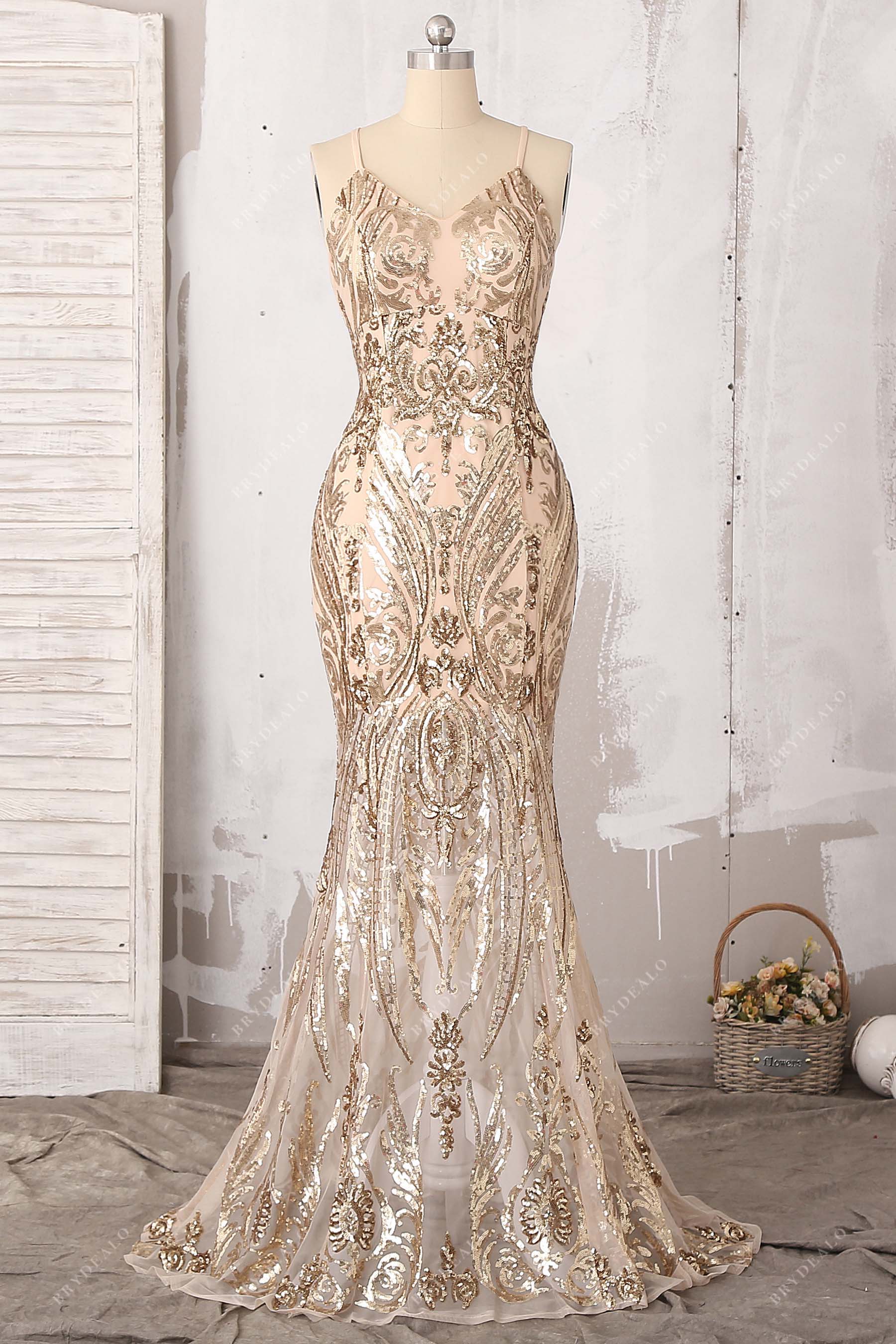 gold unique sequin fit and flare prom dress