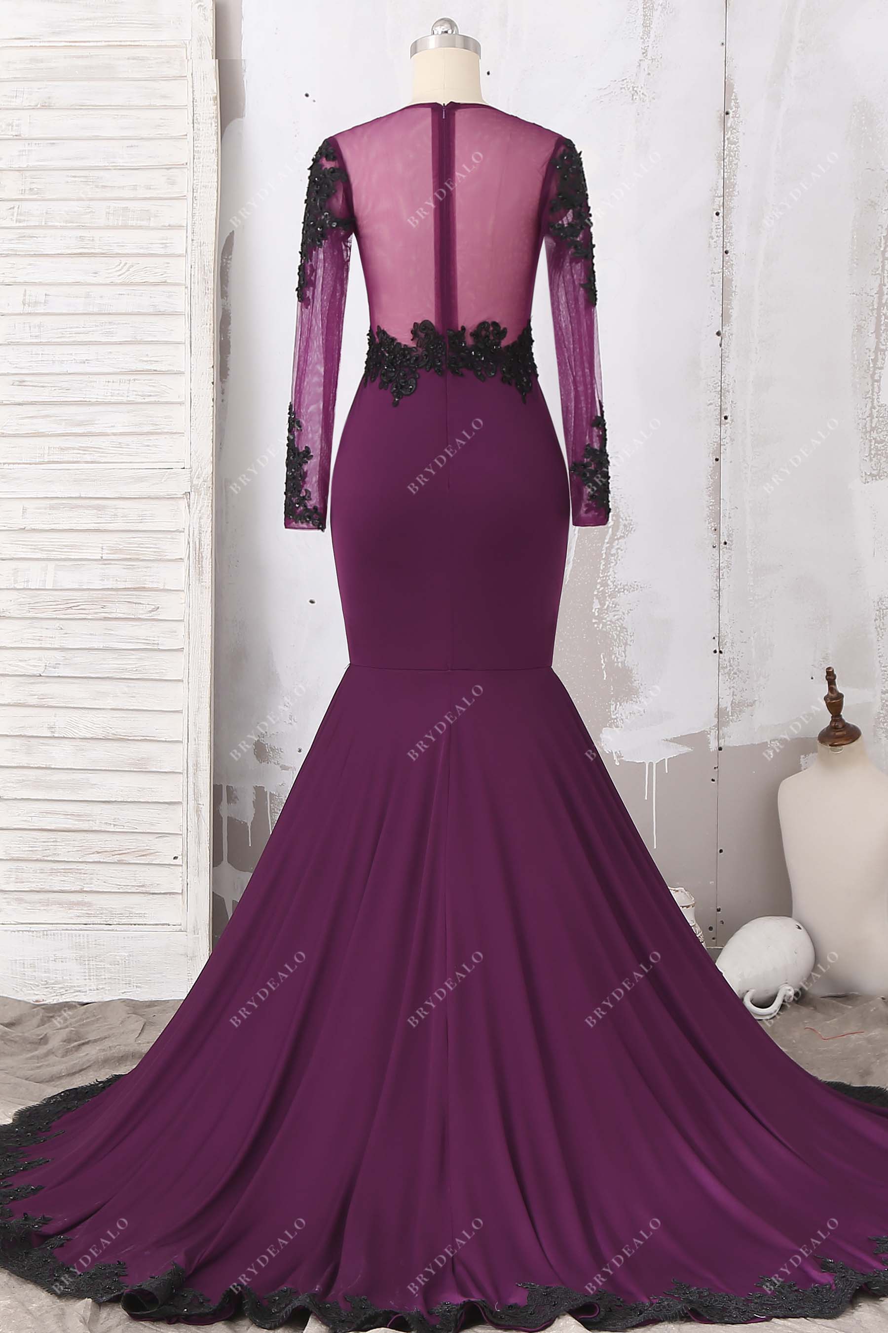 grape knit jersey prom dress with illusion neck