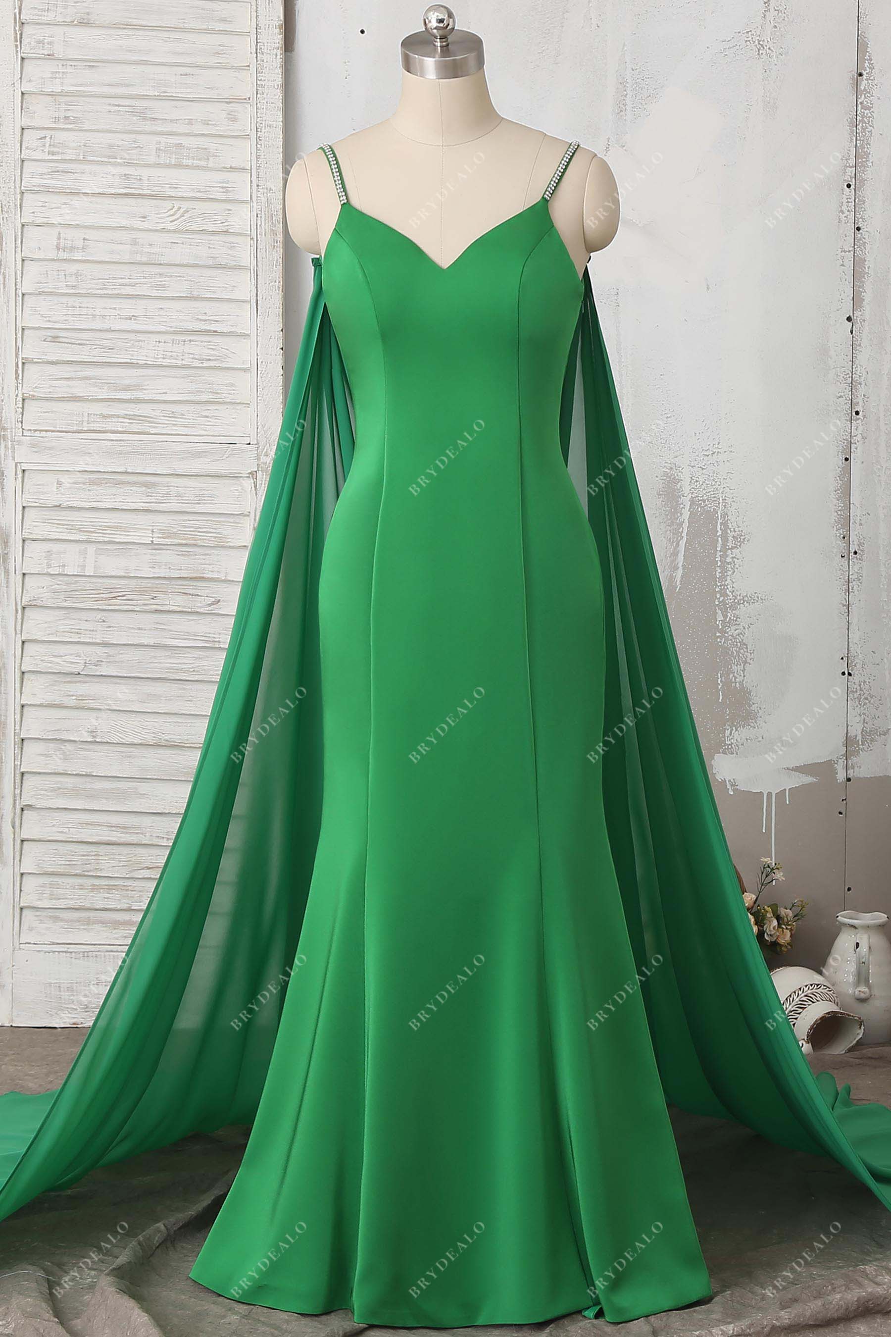 green floor length prom dress cape