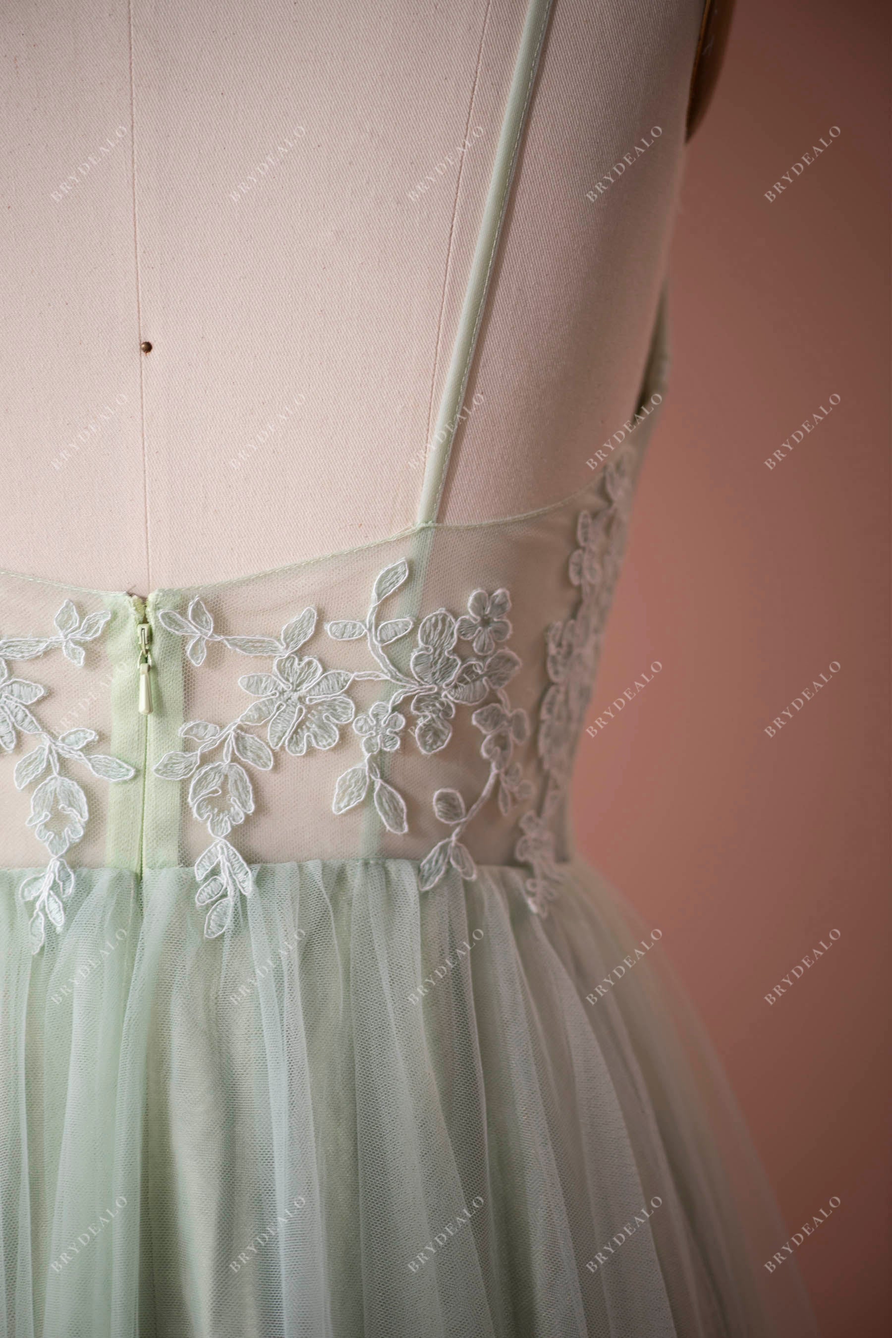 Sample Sale Mint Lace Low Back Tulle Thin Straps Bridesmaid Dress