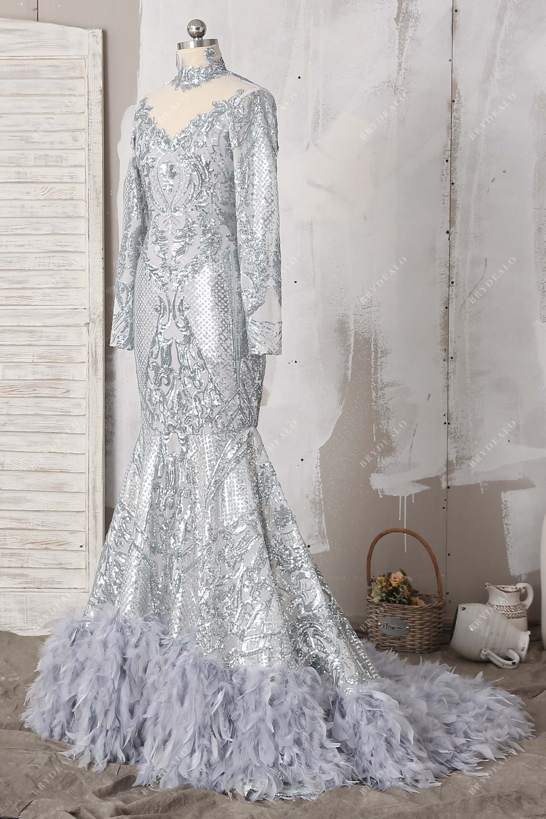 grey feathers mermaid long sleeves prom dress