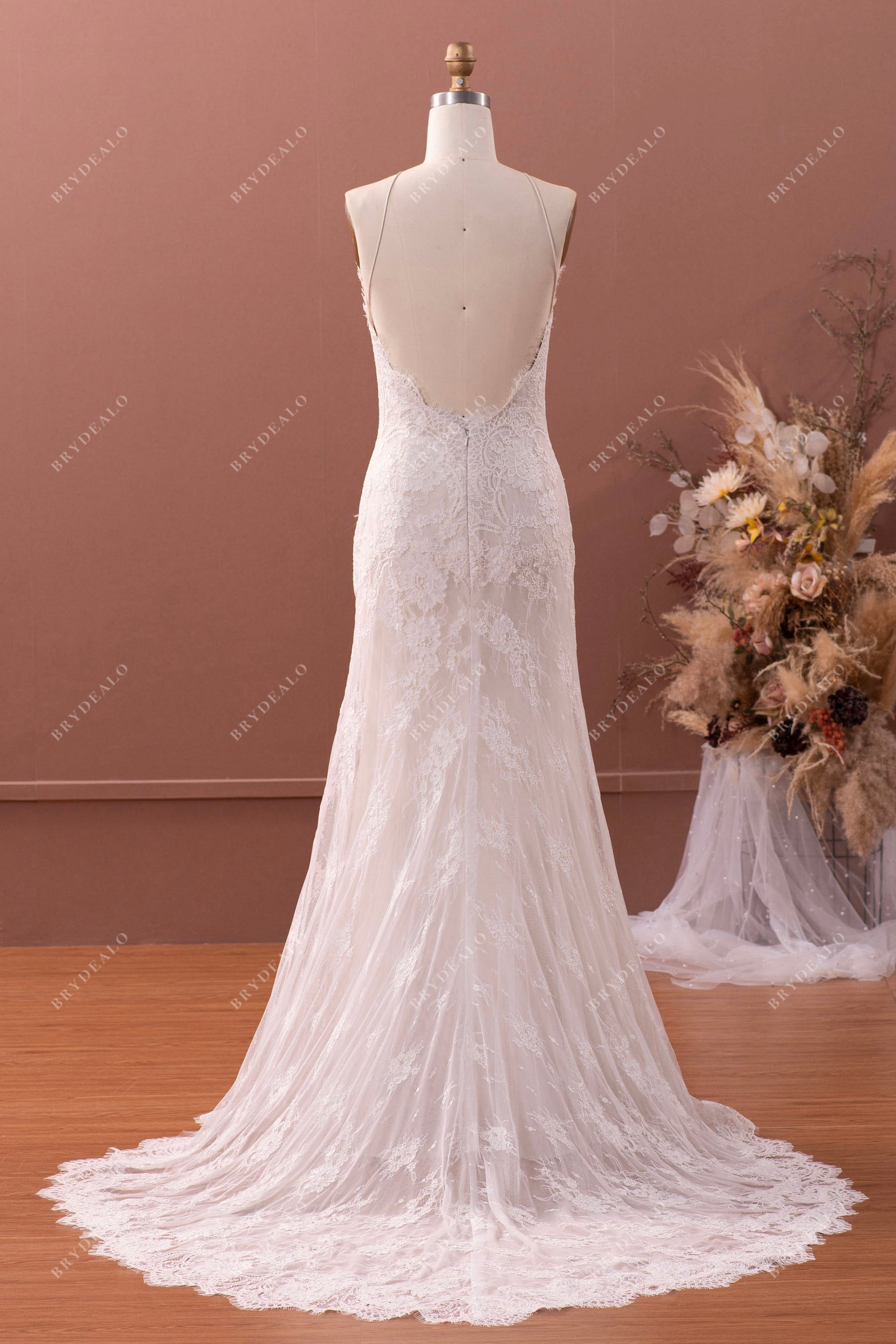 halter open back scalloped wedding dress