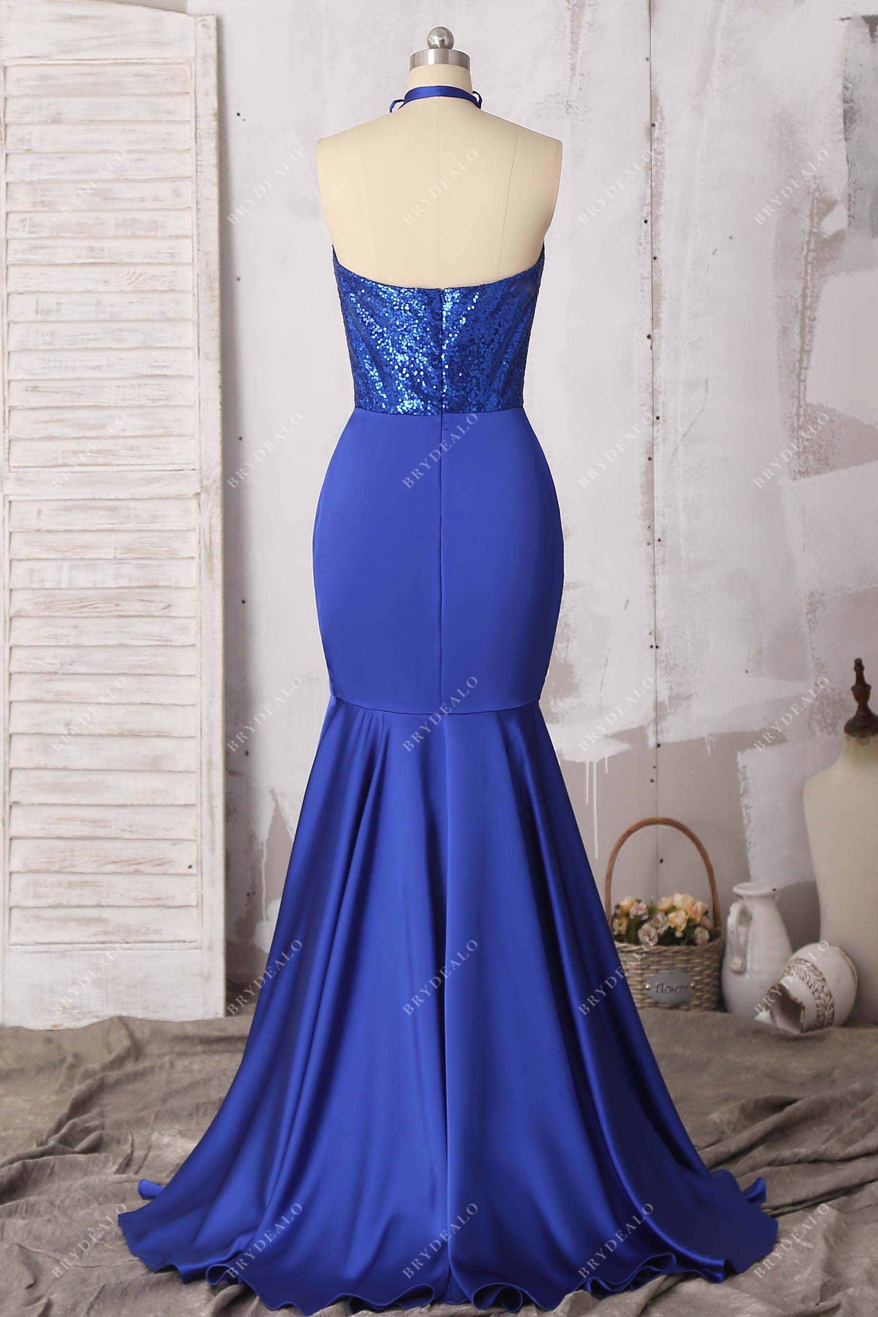 halter open back trumpet prom gown