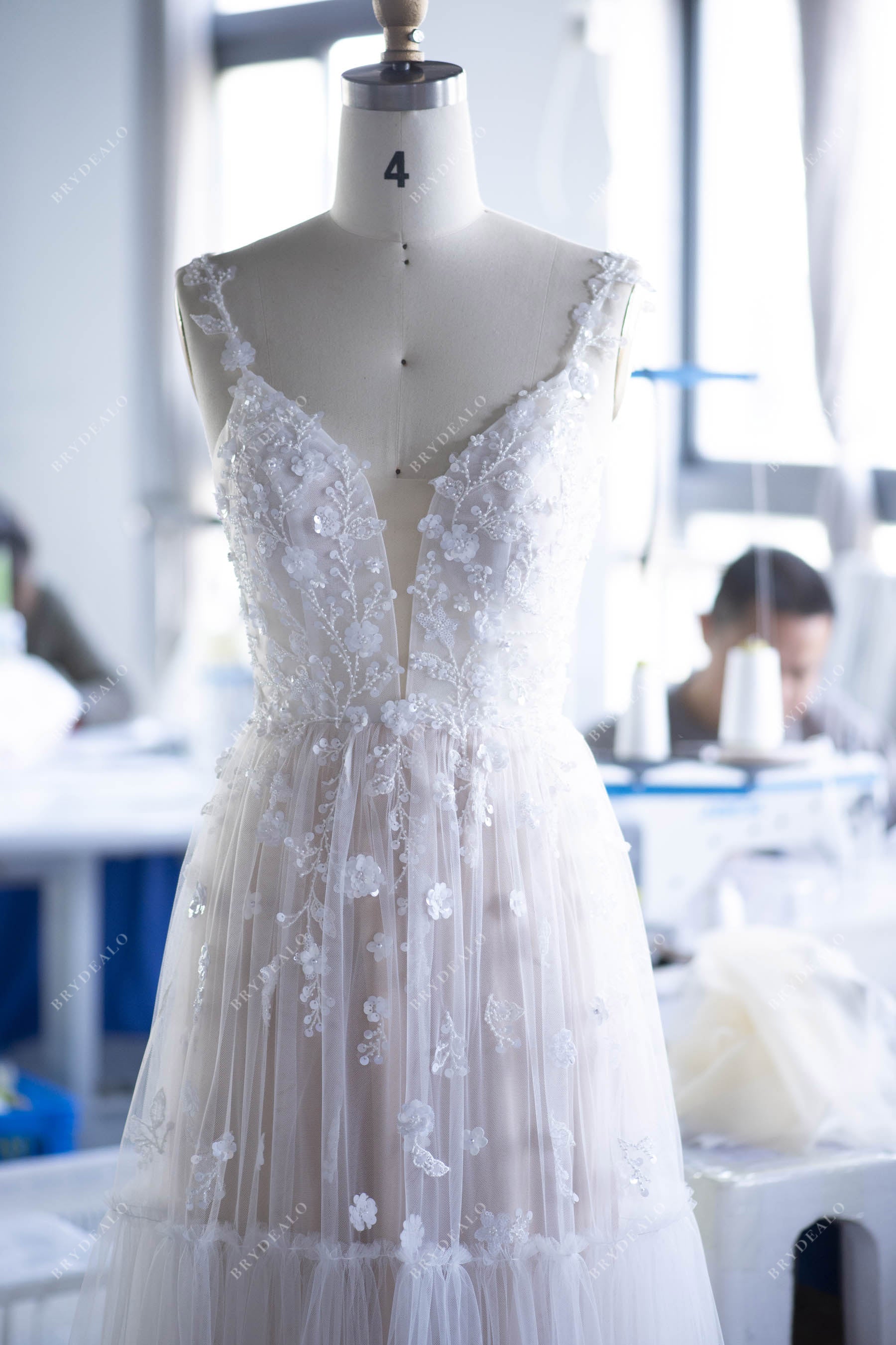 handmade 3D flower lace Straps A-line Wedding Dress Sample