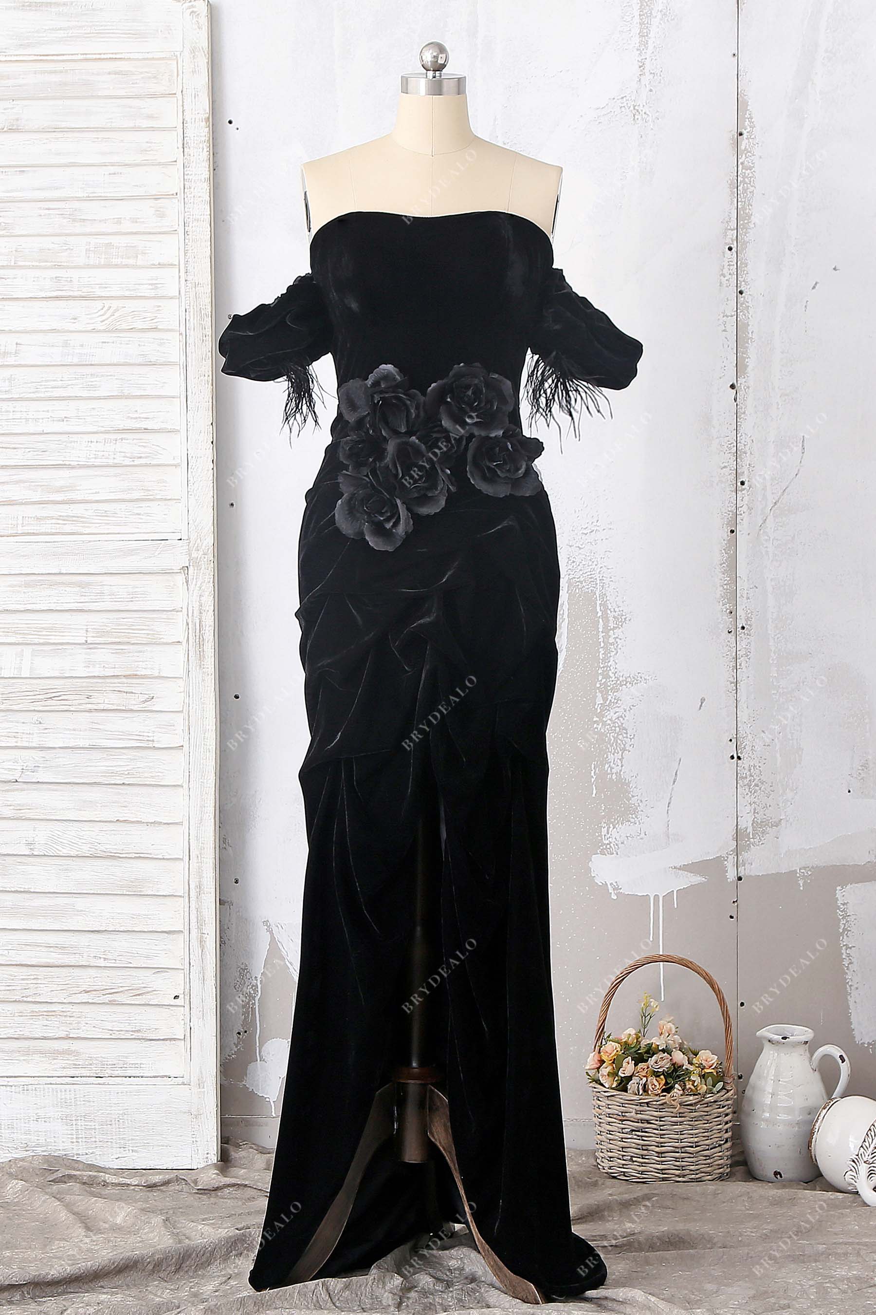 handmade 3D flowers black velvet off-shoulder prom gown