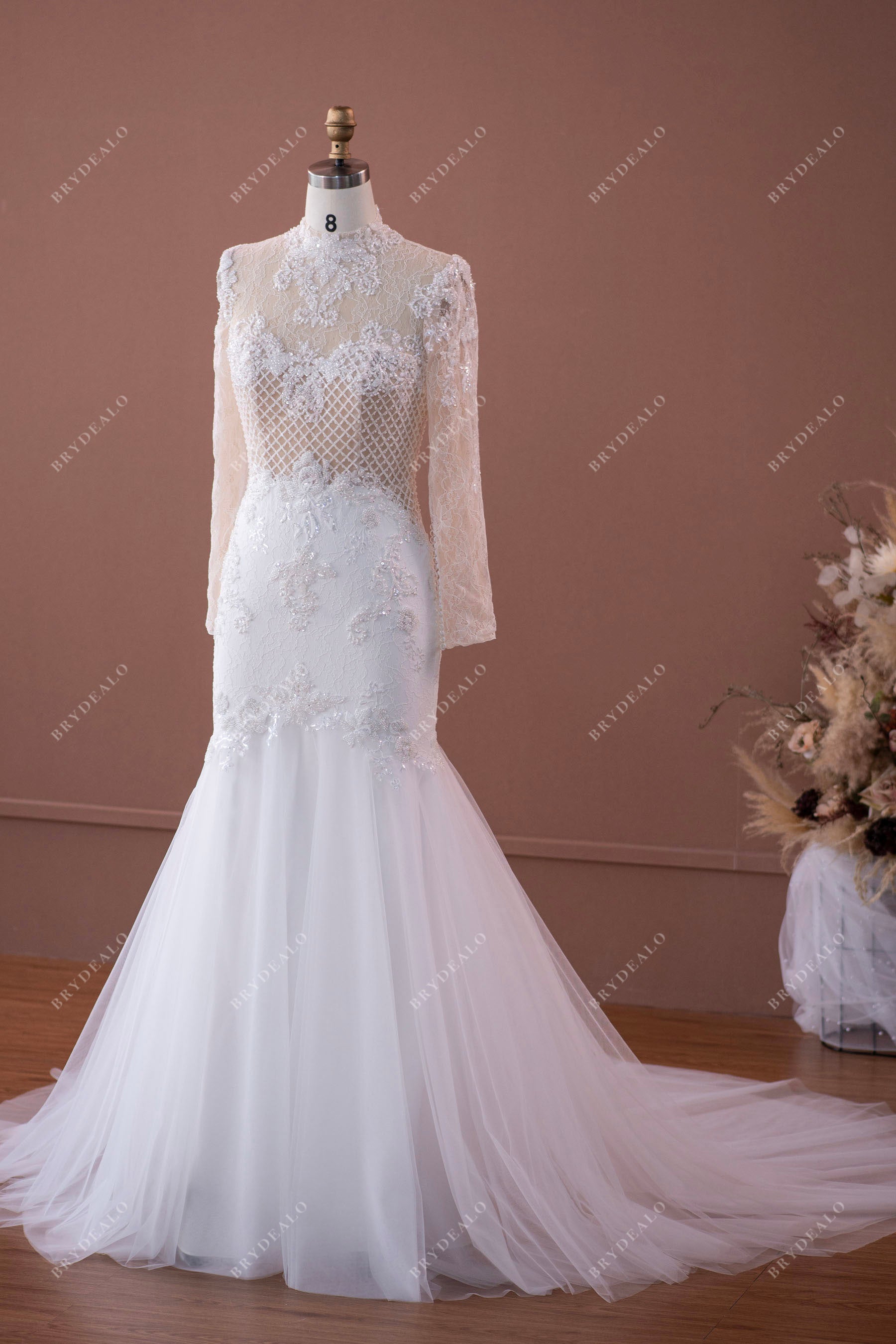 high neck illusion royal wedding dress