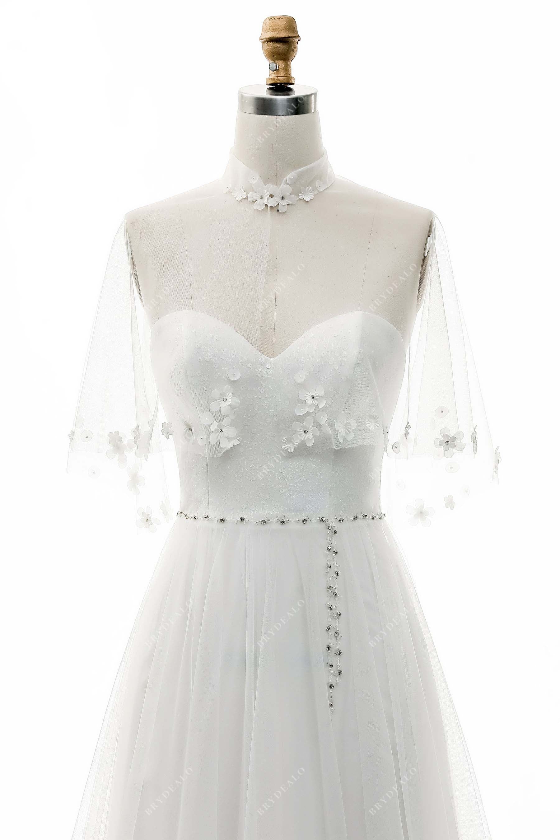 high neck lace cape sweetheart neck wedding dress