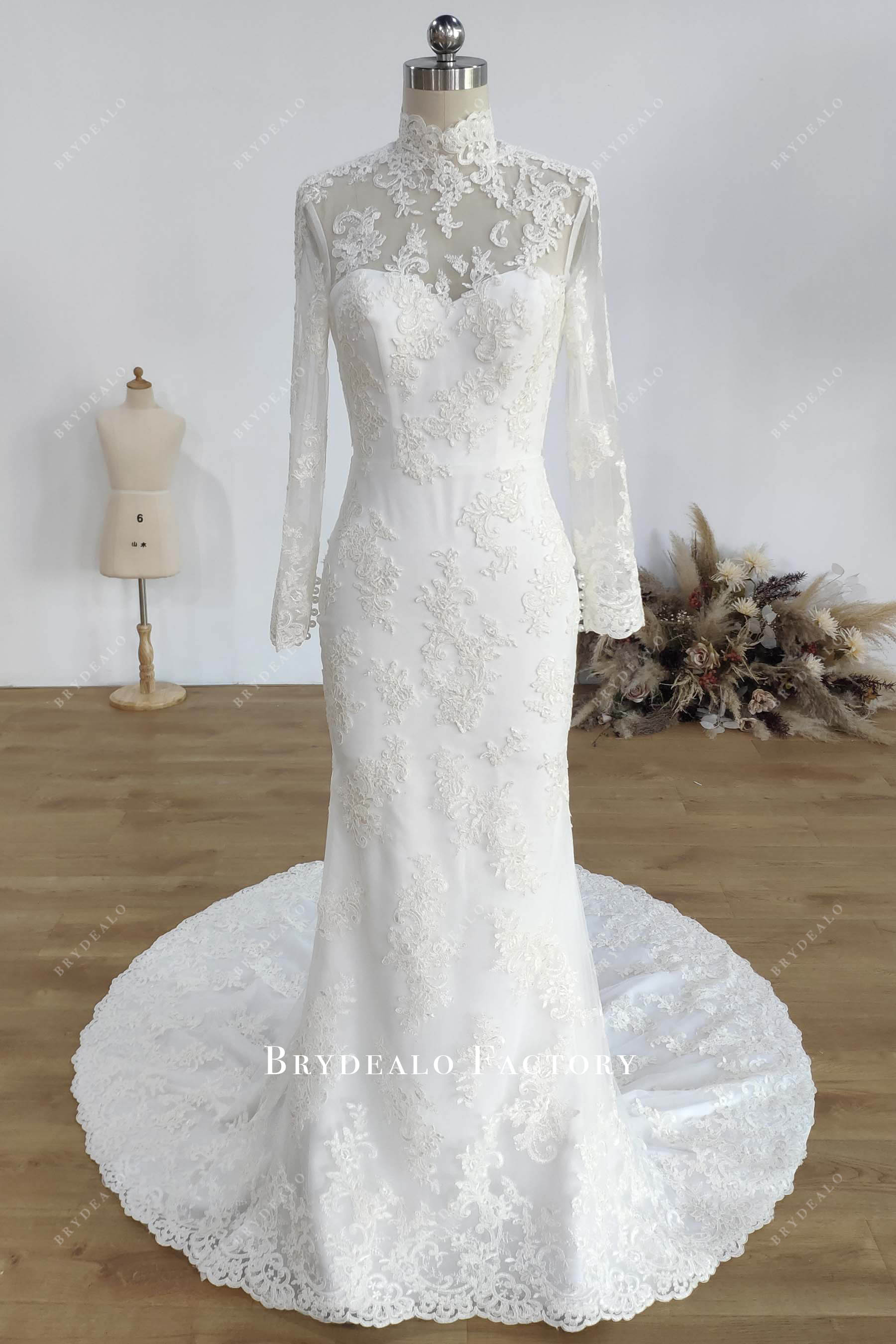 high neck lace mermaid wedding dress