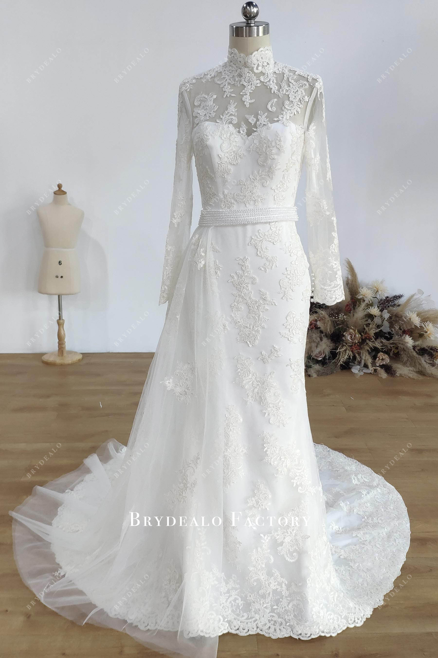 high neck mermaid side panel wedding dress