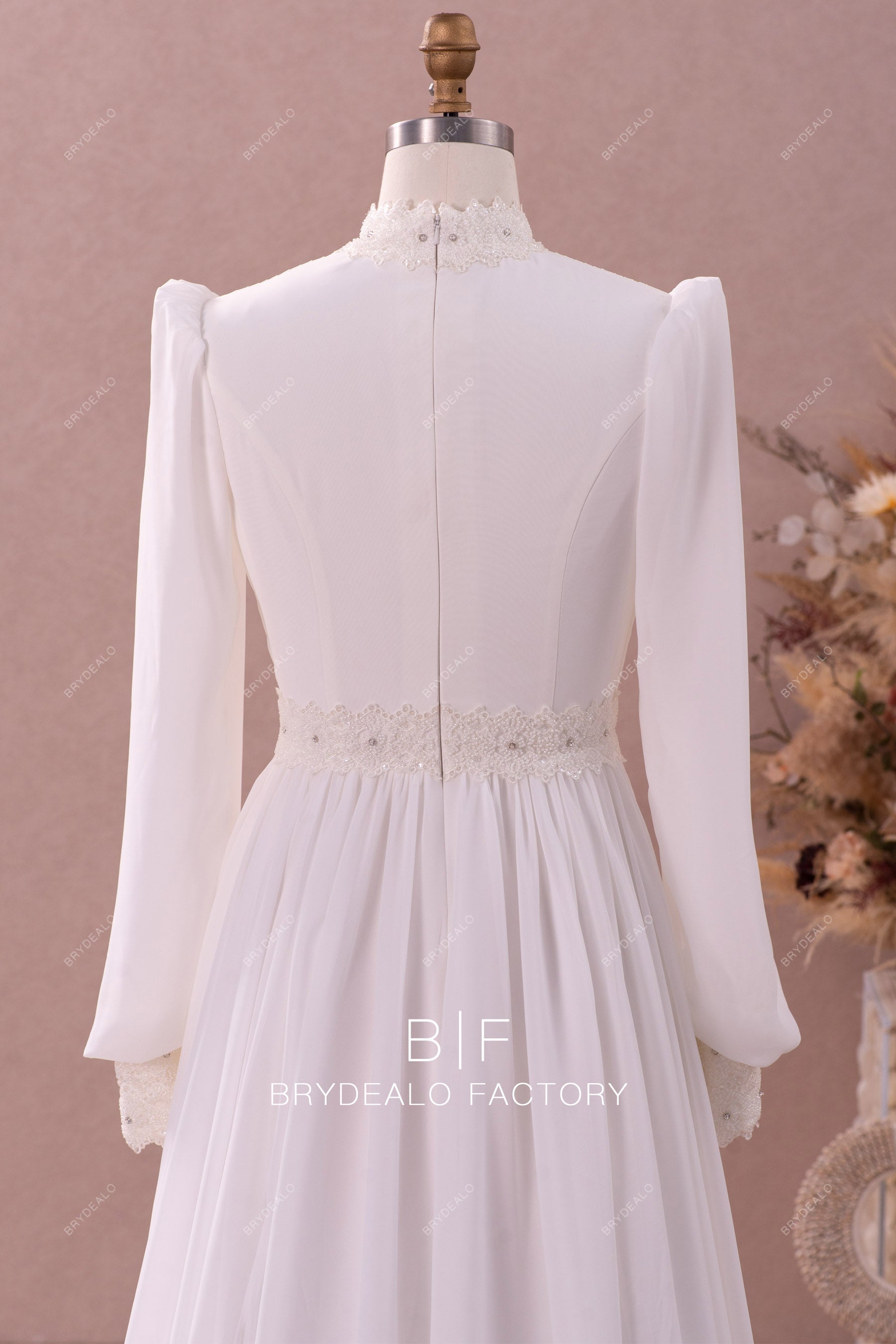 high neck sleeved chiffon wedding gown