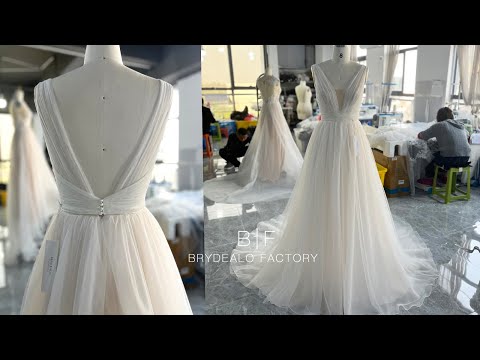 wholesale pleated plunging V-back wedding dress