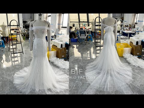 wholesale detachable off shoulder long sleeve sparkly sequin mermaid wedding dress