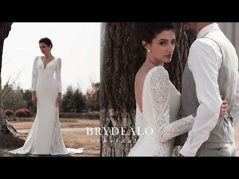 Elegant Crepe Lace Sleeved Mermaid Bridal Gown for wholesale