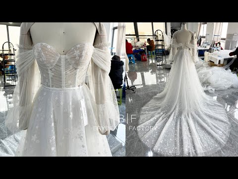 wholesale detachable sleeve pleated corset flower wedding dress