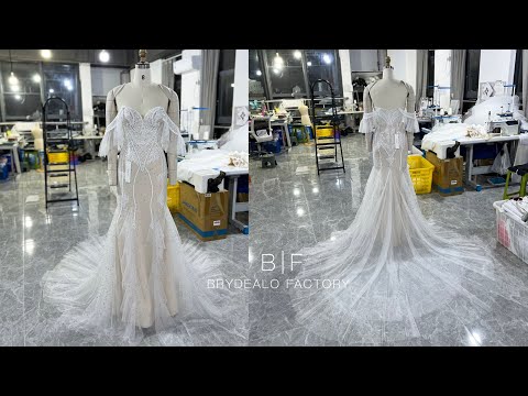 wholesale ruffled off shoulder lace shimmery boho wedding dress