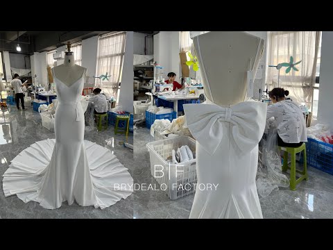 wholesale crepe mermaid wedding dress with detachable bowknot video