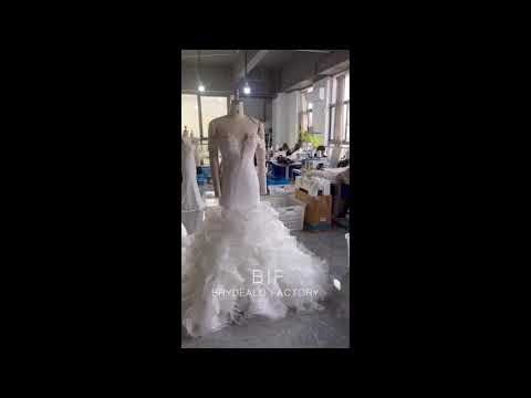 Luxury Off Shoulder Sequined Lace Ruffled Organza Wedding Dress for wholesale