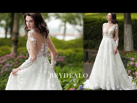 Illusion Long Sleeve Flower Wedding Dress for Wholesale