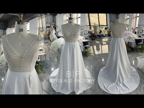 Plus Size Straps Plunging Lace Crepe A-line Wedding Dress for wholesale