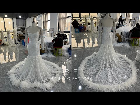 Detachable Off Shoulder Sleeved Sequin Feather Wedding Dress for wholesale