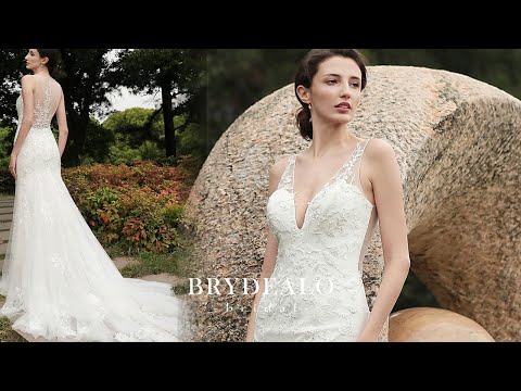 Beaded Floral Lace V-neck Mermaid Wedding Dress for Wholesale