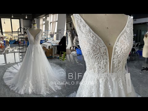 wholesale beaded lace plunging wedding dress