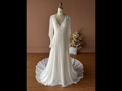vintage bubble sleeve chiffon bridal dress sample with silky satin slip