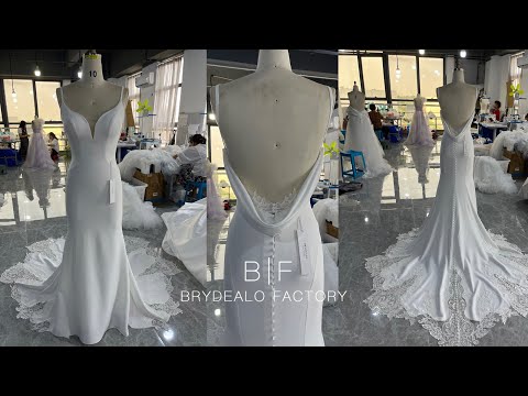 Private Label Thin Straps Plunge Crepe Wholesale Mermaid Lace Cutout Train Bridal Dress