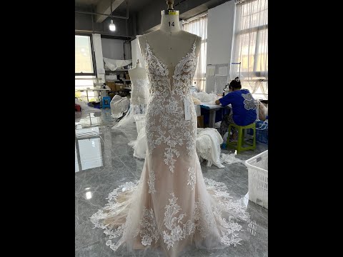 Thin Straps Flower Lace Wedding Dress with Cutout Train for wholesale