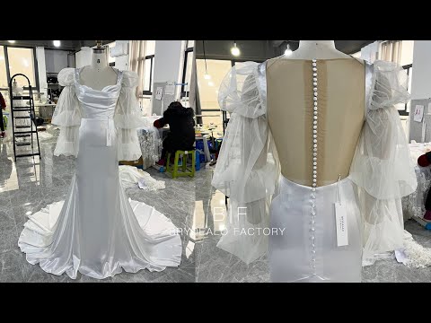 wholesale bubble sleeve buttoned back long mermaid wedding dress